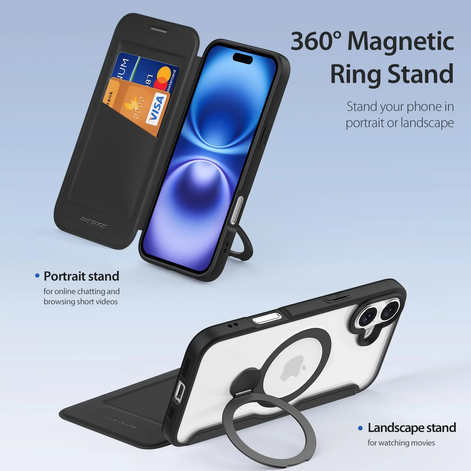 DUX DUCIS Magnetyczne etui do iPhone'a 16, kompatybilne z MagSafe, stojak magnetyczny obracany o 360°, wysokiej jakości skóra PU, etui z klapką z blokadą RFID, przezroczyste, odporne na wstrząsy etui