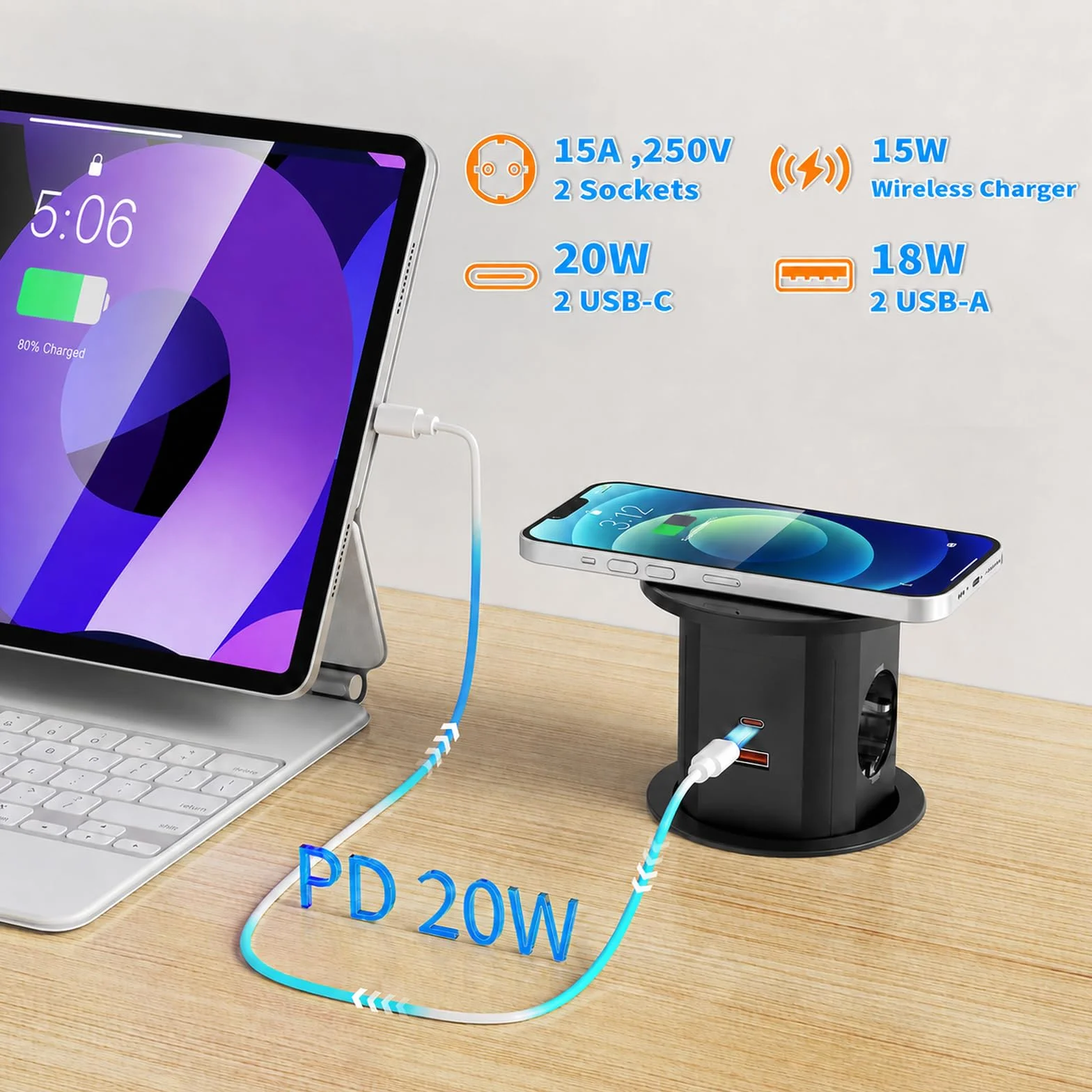 Wysuwane gniazdko elektryczne z bezprzewodowym ładowaniem 15 W, USB-C PD 20 W, Ø 85 mm | 2 Schuko, 2 USB-C, 2 USB-A po 18 W, wyłącznik przeciążeniowy, kabel 2 m, do biurka, kuchni i blatu roboczego