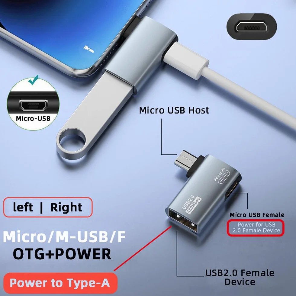 Micro USB 2.0 na typ A żeński adapter hosta OTG 90 stopni kąt prosty z zasilaniem USB do telefonu tabletu