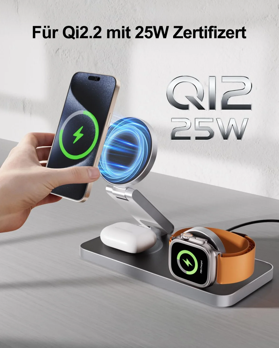 Stacja ładująca 3 w 1 z Qi2.2, 25 W, stacja ładująca Apple Watch i iPhone, kompatybilna z ładowarką bezprzewodową Magsafe do ładowania iPhone 17, 16, 15, 14, 13/12, AirPods, Apple Watch, w zestawie