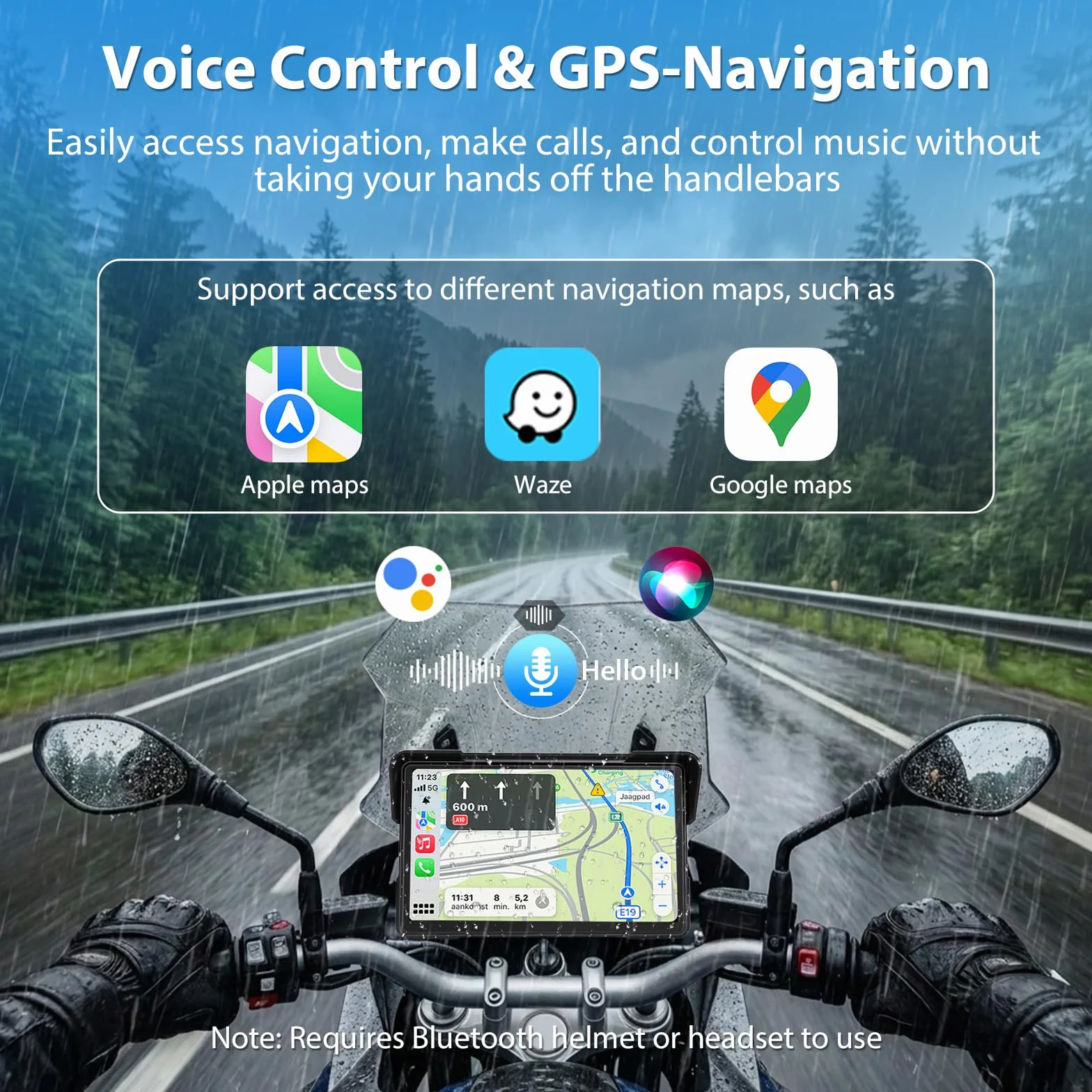 CarPlay 7-calowy wyświetlacz motocyklowy, bezprzewodowy, nawigacja z systemem Android, z kablem zasilającym USB, czujnik ciśnienia w oponach, wodoszczelność IP67, nawigacja motocyklowa, podwójny
