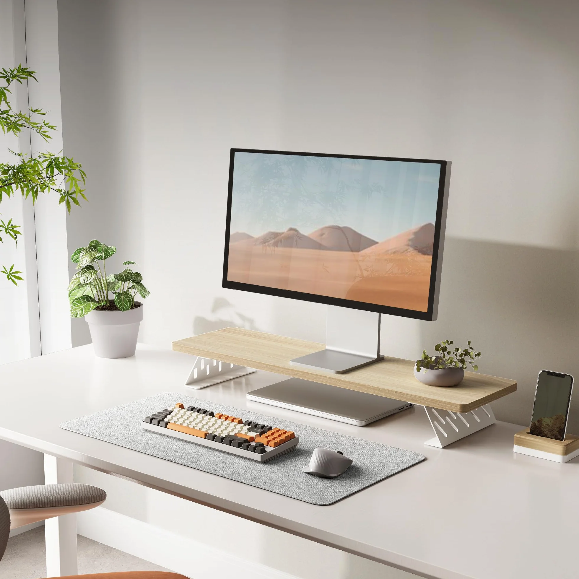 Fenge Podstawka pod monitor na biurko, duży stojak na monitor komputerowy, stojak na 2 monitory, drewniany organizer na biurko, stojak na PC, laptop, drukarkę, ekran telewizora (dąb, 80 cm)