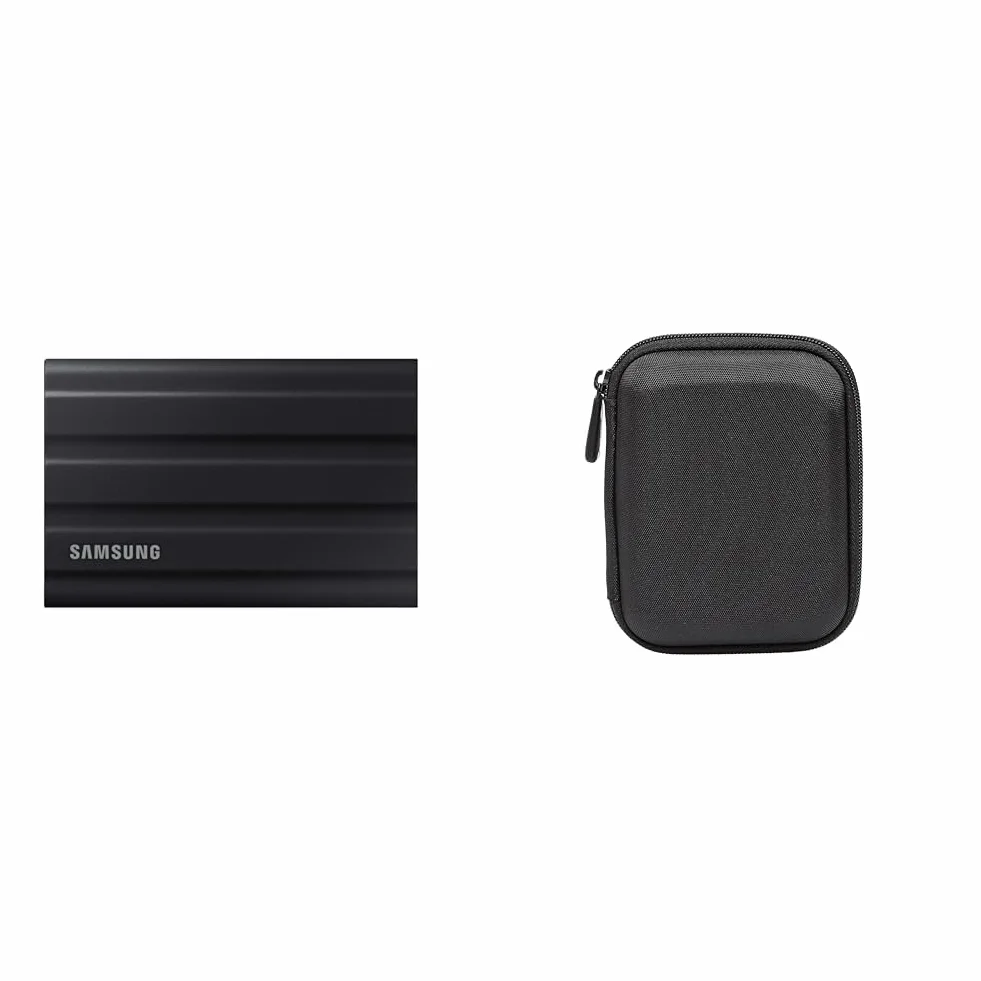 Samsung T7 MU-PE2T0S/EU Dysk Przenośny Ssd, Czarny, 2 TB & Amazonbasics ZH1510146 Etui na Zewnętrzny Dysk Twardy, Czarny, 11,9 x 9,2 x 1,6 cm
