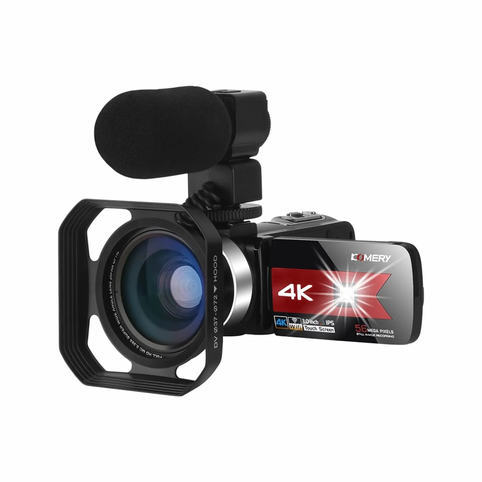 Kamera Wideo, Kamera wideo kamera 4K 56MP Wbudowany wypełnienie w nokt widzenia wizji WIFI Vloggowanie do nagrywania vlogu kamery cyfrowej internetowej(32GB SD Card,Red Mic Lens Hood)