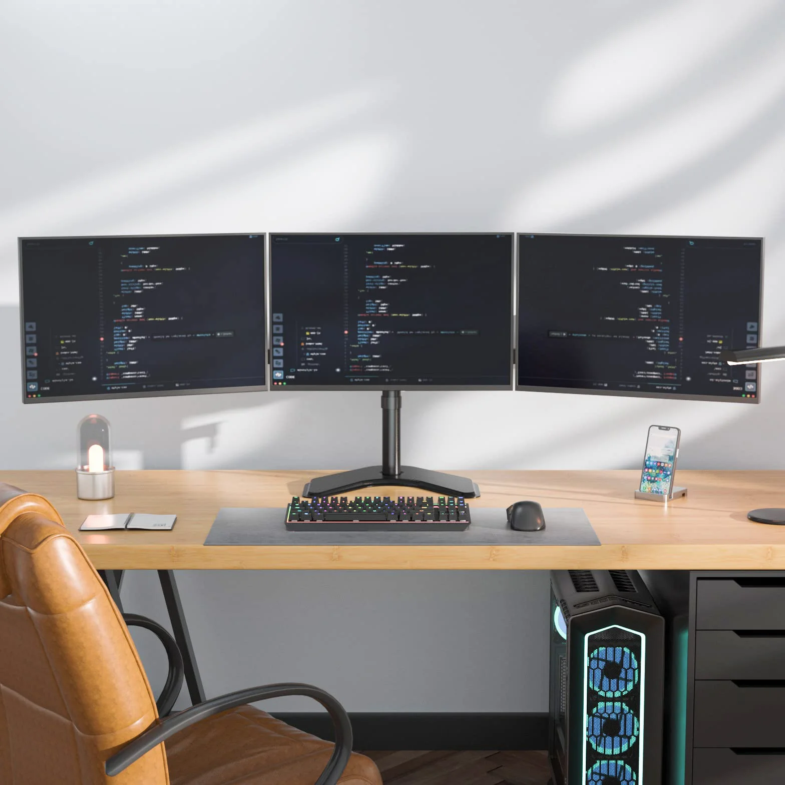 WALI Potrójny stojak na monitor, wolnostojący trzy monitory LCD w pełni regulowany uchwyt biurkowy pasuje do 3 ekranów do 68.6 cm, nośność 10 kg na ramię (MF003), czarny