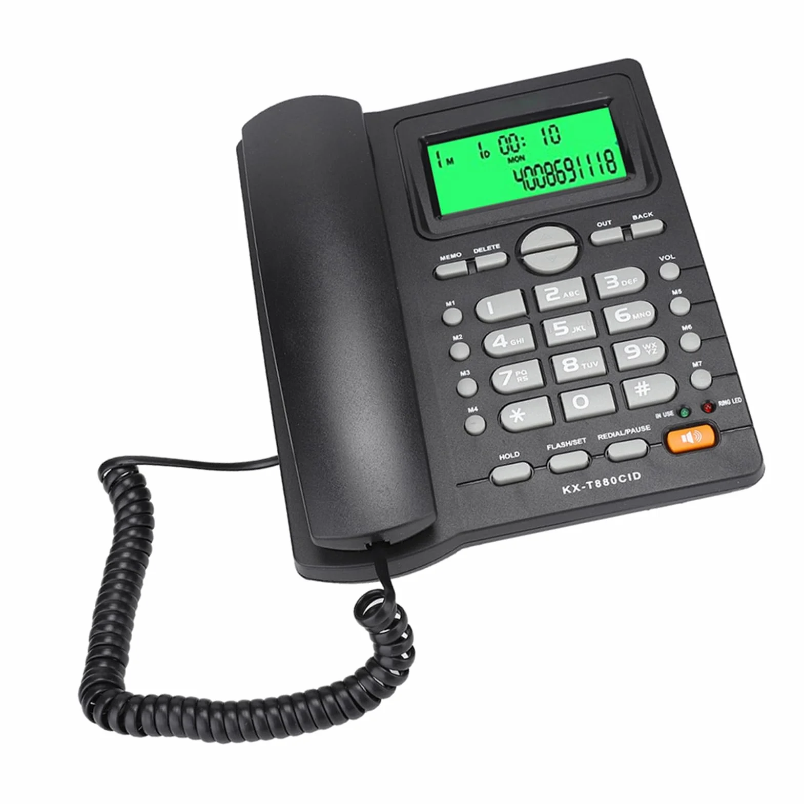 KX T880C telefon stacjonarny, przewodowy z głośnikiem, identyfikator dzwoniącego, funkcja szybkiego wybierania i wyciszania, telefon z dużym przyciskiem do domowego biura, bez baterii (czarny)