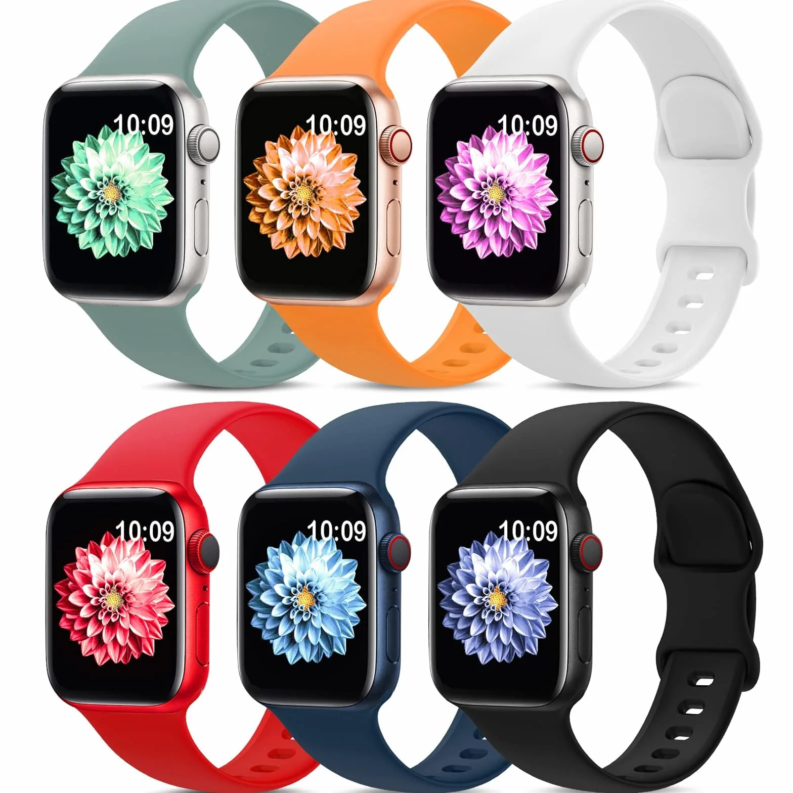 Zestaw 6 pasków sportowych do zegarka Apple Watch 38 mm, 40 mm, 41 mm, 42 mm, 44 mm, 45 mm, miękki, silikonowy, wodoodporny, kompatybilny z iWatch Apple Watch serii 7, 6, 5, 4, 3, 2, 1, SE, dla kobiet