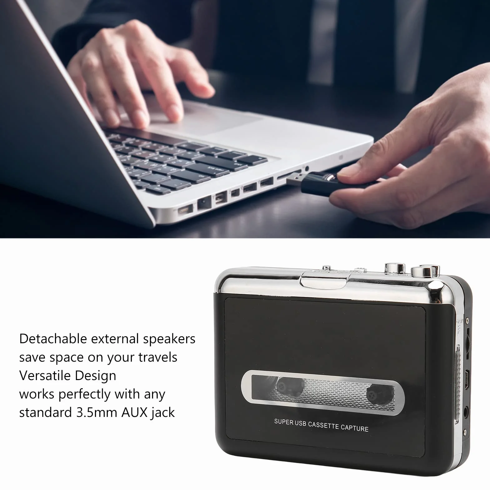 Przenośny Odtwarzacz Kasetowy, Konwerter Taśmy USB Na MP3 Z Odłączanymi Głośnikami Na Kabel USB, Działa Również Z Laptopami I Nagrywarkami CD