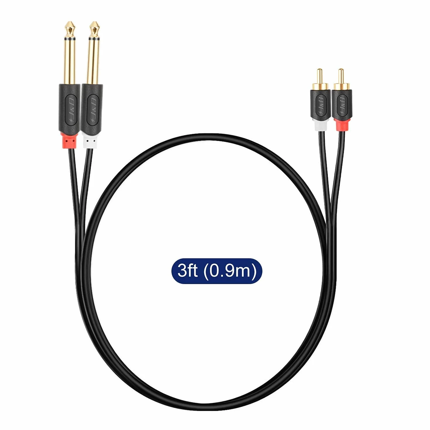 J&D Kabel cinch na 6,3 mm jack 0,9 m, pozłacany 2 x męski cinch na 2 x duży jack mono kabel audio do odbiornika AV, wzmacniacza, systemu audio HiFi, systemu kina domowego, głośników