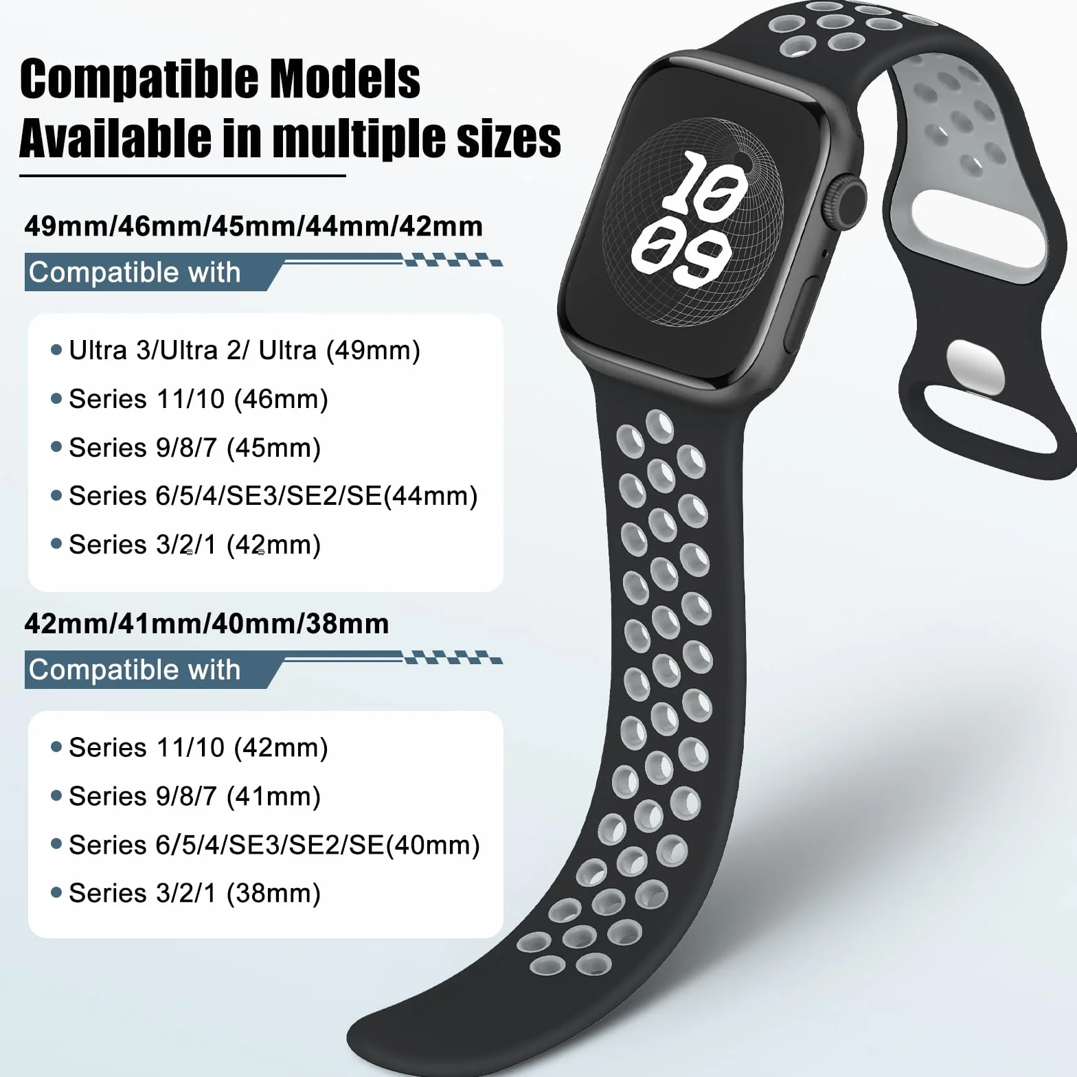 Yoohoo Paski sportowe kompatybilne z Apple Watch 38 mm, 40 mm, 41 mm, 42 mm, 44 mm, 45 mm, 46 mm, 49 mm, dla kobiet i mężczyzn, miękki, silikonowy, oddychający, pasek zastępczy do iWatch serii 11, 10