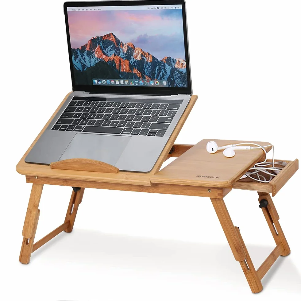 Bambusowe biurko na laptopa, składany stolik na laptopa, regulowana taca na laptopa biurko na kolana do laptopa śniadanie taca na łóżko z przegrodą szufladą kubek miejsce rowek otwory chłodzące,