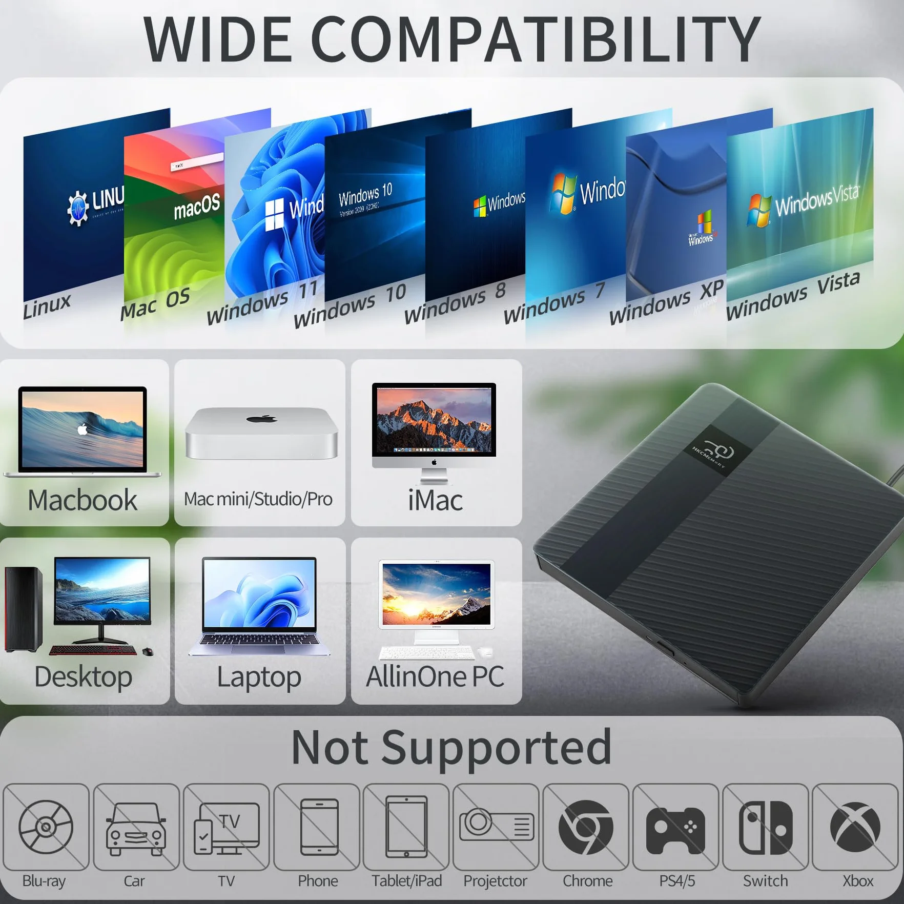 Zewnętrzny napęd CD/DVD USB 3.0 i typ C, smukły i przenośny czytnik nagrywarek DVD +/-RW CD ROM, kompatybilny z laptopem stacjonarnym PC Mac MacBook Pro/Air, Windows 11/10/8/7/XP, Linux (2 w 1)