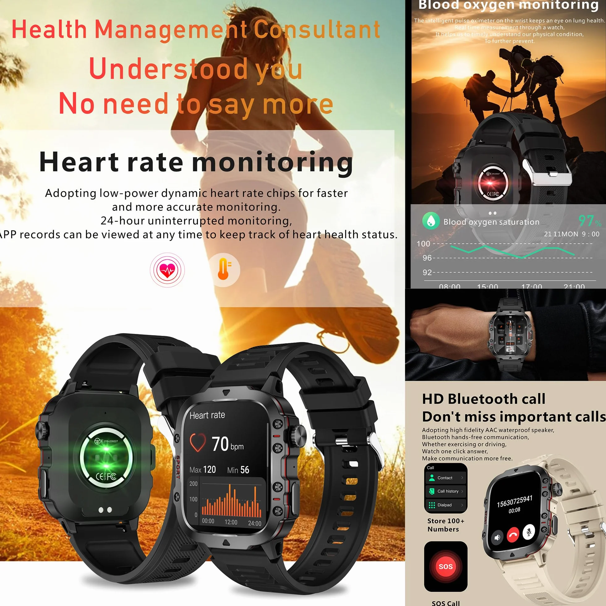Smartwatch męski z funkcją telefonu, 5 ATM, wodoszczelny 1,96" HD zegarek sportowy z Bluetooth i połączeniami telefonicznymi, monitor tętna, monitorem snu, krokomierzem