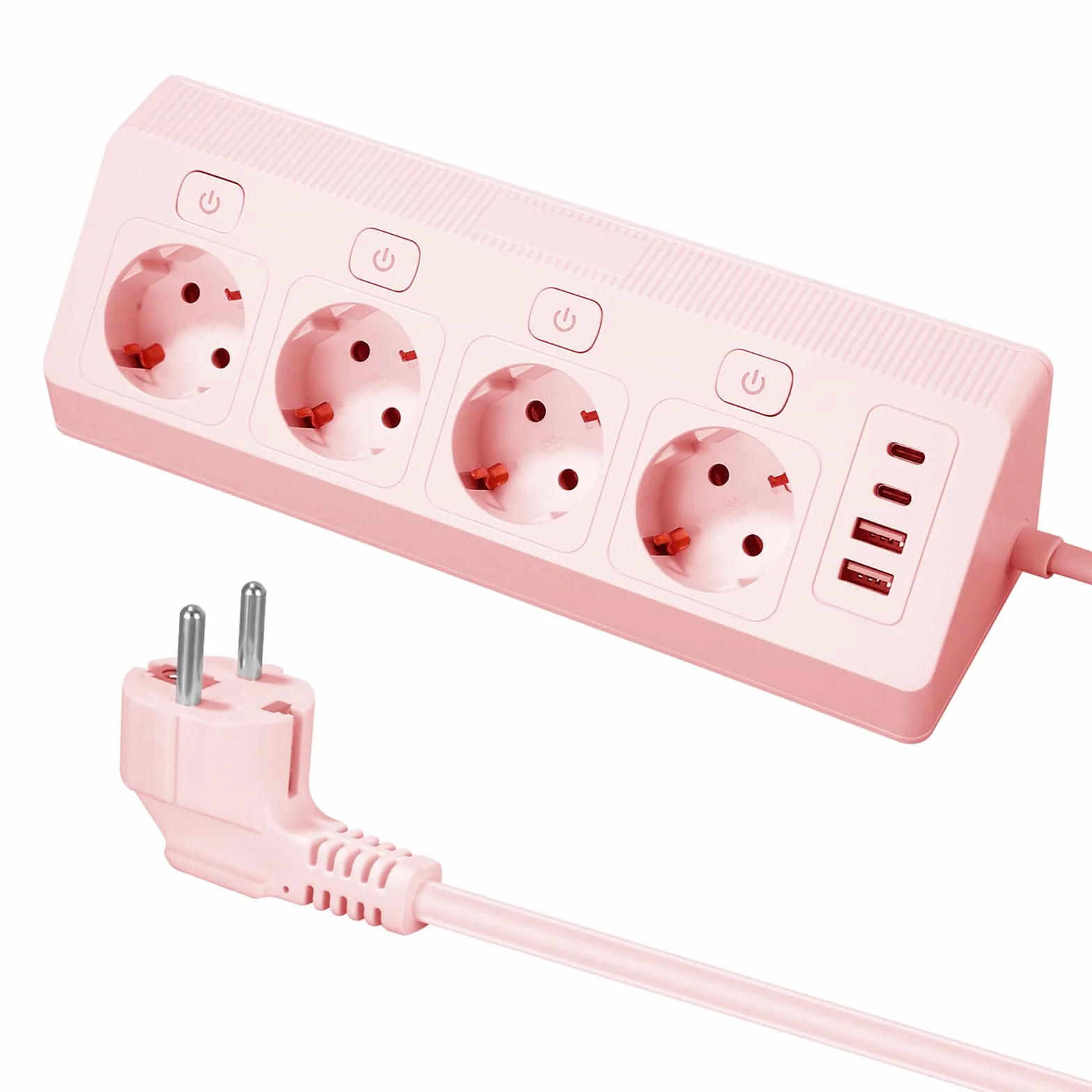 Listwa zasilająca z 4 gniazdami wtykowymi z wejściem USB, listwa zasilająca z 2 USB i 2 typami C, ochrona przed przepięciem 8 w 1, z kablem 2 m, do smartfonów, tabletów, domu, kolor szary