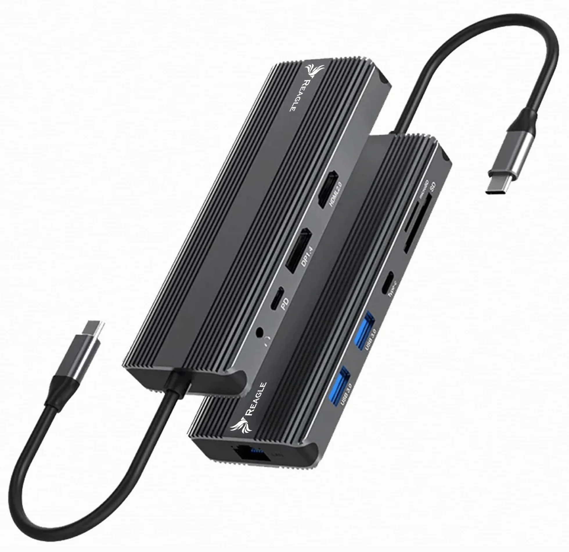 Reagle HUB USB-C 10 w 1 DisplayPort 1.4 HDMI 2.1 8K 30 Hz 4K 144 Hz 5 Gbit/s Display Port Power Delivery 100 W kabel nylonowy oplot powlekany Plug & Play (13 cm)