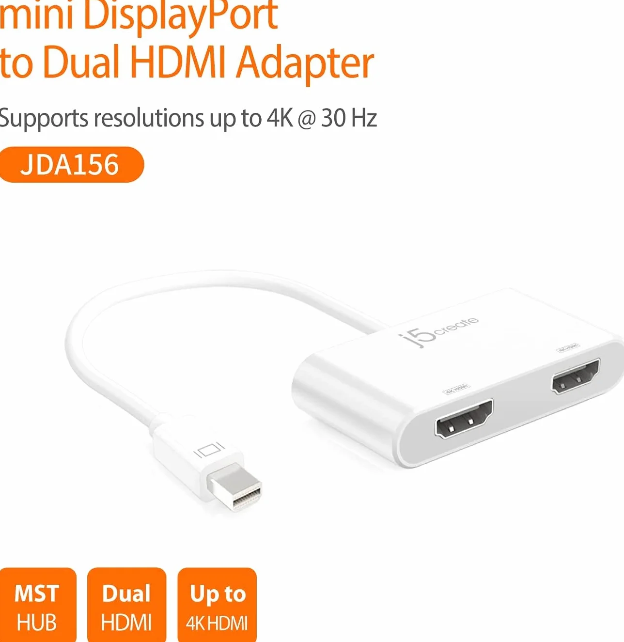 j5create Mini DisplayPort na Dual 4K HDMI MST adapter, kompatybilny z Microsoft Surface Pro, Surface Book, HP Omen 15-CE051NR i innymi (JDA156)