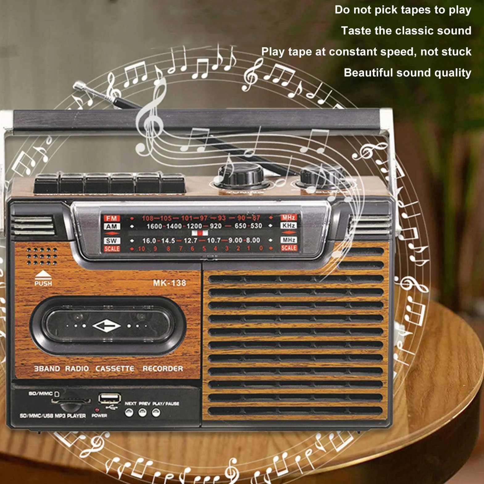Przenośny Odtwarzacz Kasetowy, Magnetofon Radiowy Retro AM FM SW Boombox z Gniazdem Karty Pamięci USB Gniazdo Słuchawkowe, do Drewna Samochodowego, na Baterie lub na Prąd (wtyczka UE)