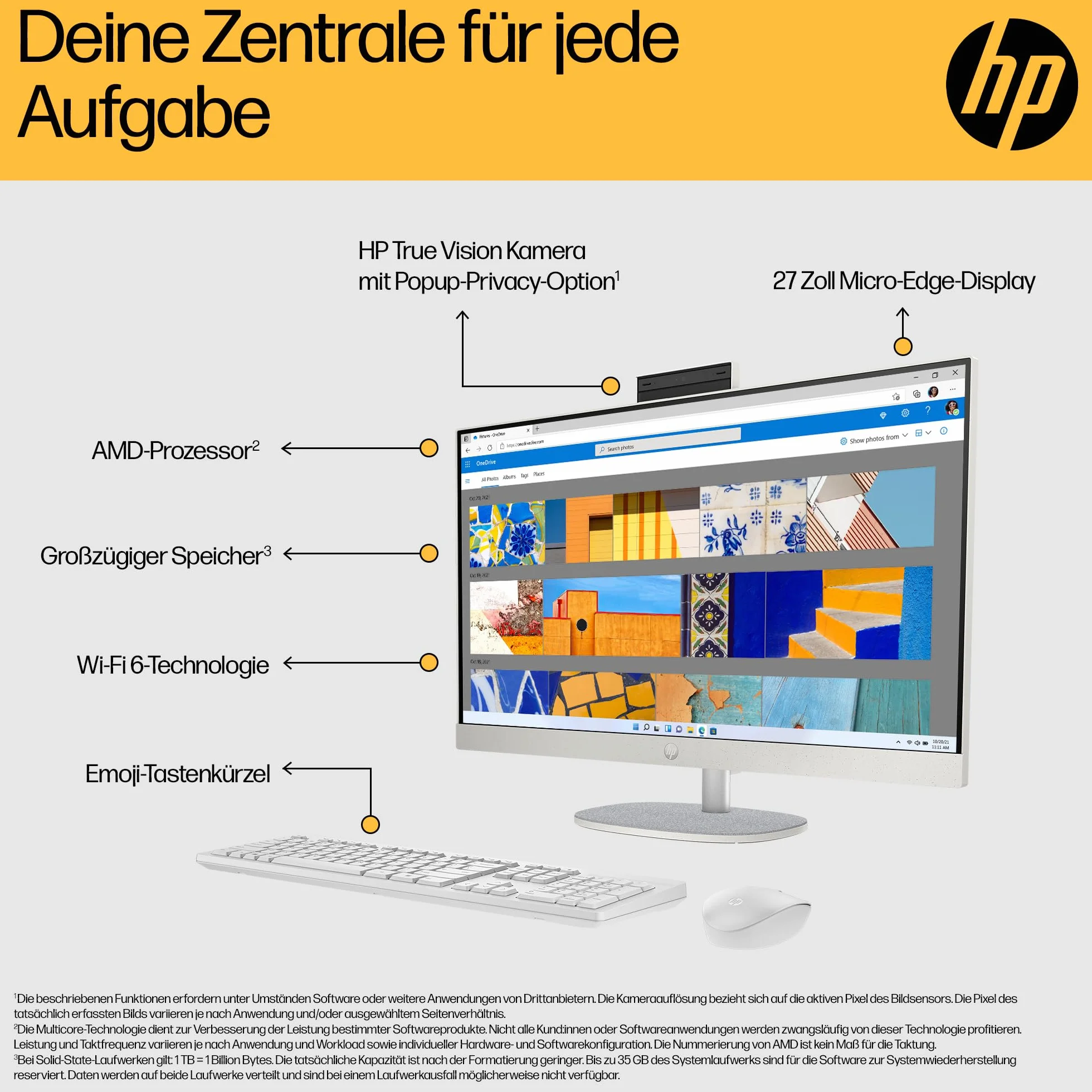 HP Komputer stacjonarny All-in-One, wyświetlacz FHD 27", AMD Ryzen 5 7520U, 16 GB DDR5 RAM, 1 TB SSD, jednostka graficzna AMD Radeon, Windows 11 Home, QWERTZ, biały, [dostępny w Amazon]