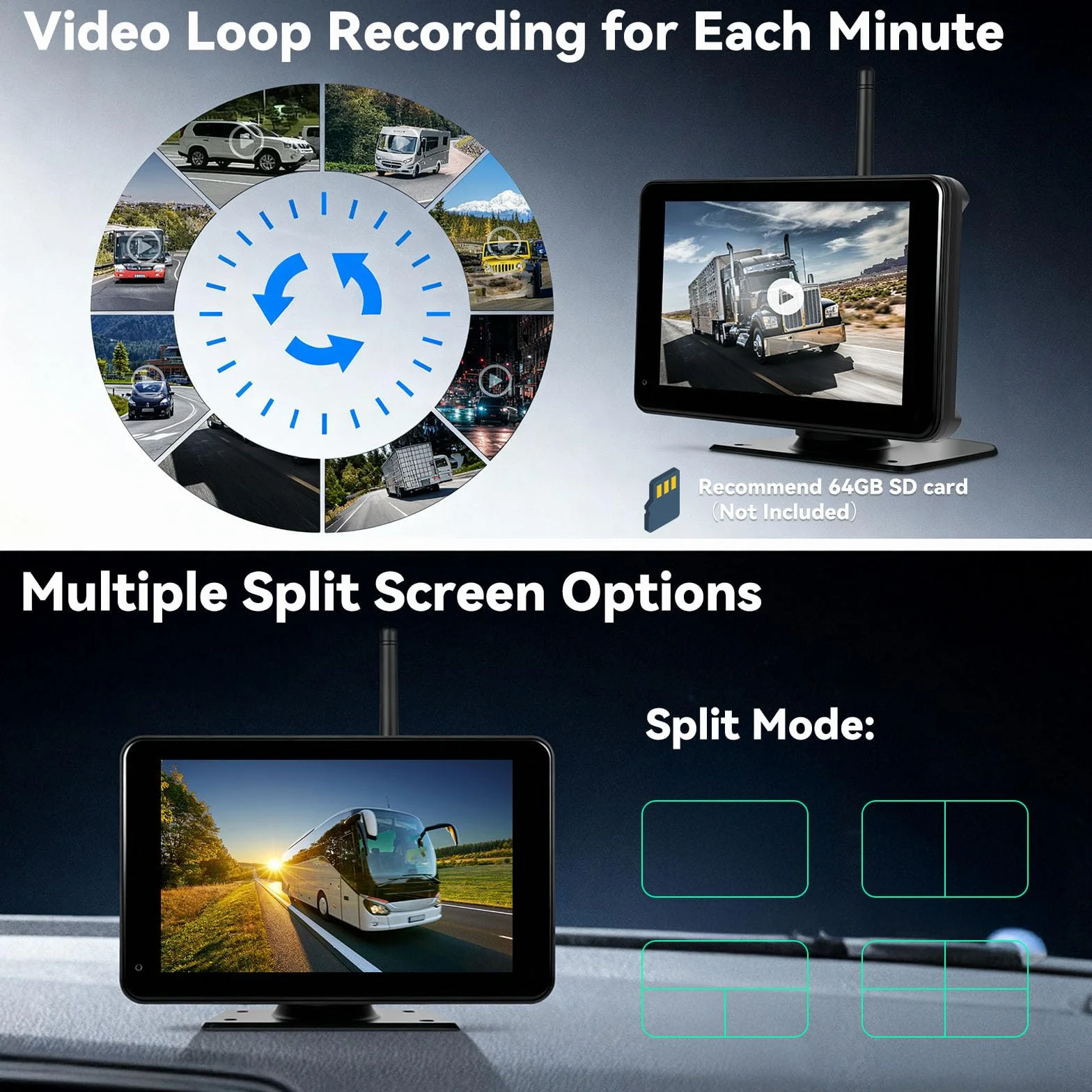 CAMECHO bezprzewodowa kamera cofania 7″ z monitorem IP68 wodoszczelna z widzeniem nocnym zoom ręczny do przodu/tyłu podział ekranu wykrywanie ślepych stref