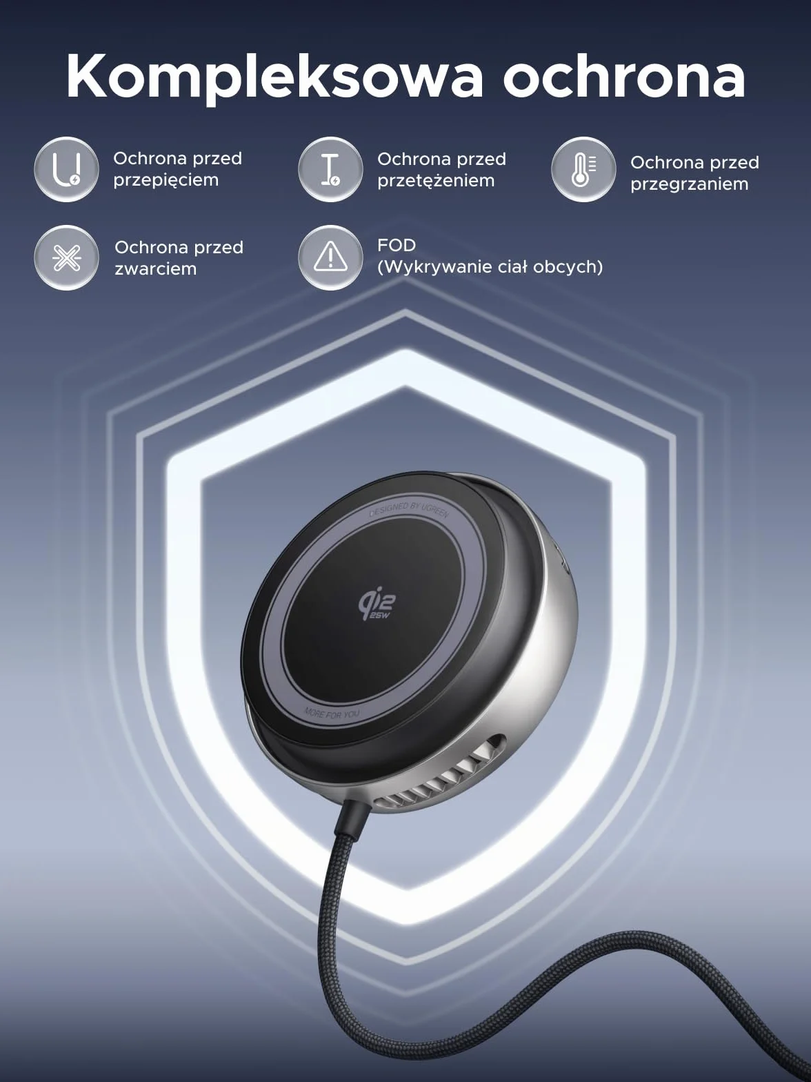 UGREEN Magflow Pro, magnetyczna podkładka ładująca Qi2 25 W | z aktywnym chłodzeniem, 1,5-metrowym plecionym kablem, kompatybilna z MagSafe dla iPhone'a 17/16