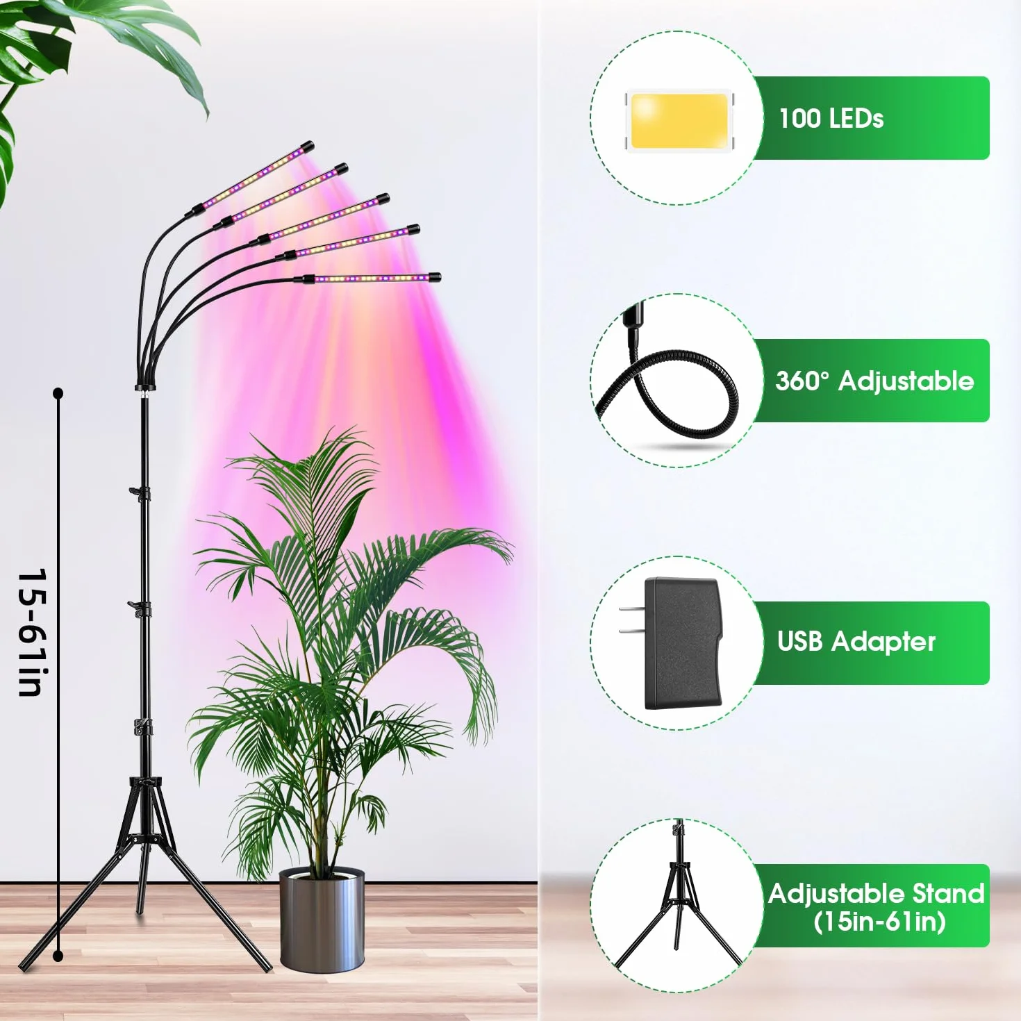 Lampa do uprawy LED 100 diod pełne spektrum 5-głowicowa z automatycznym timerem 6/12/16H