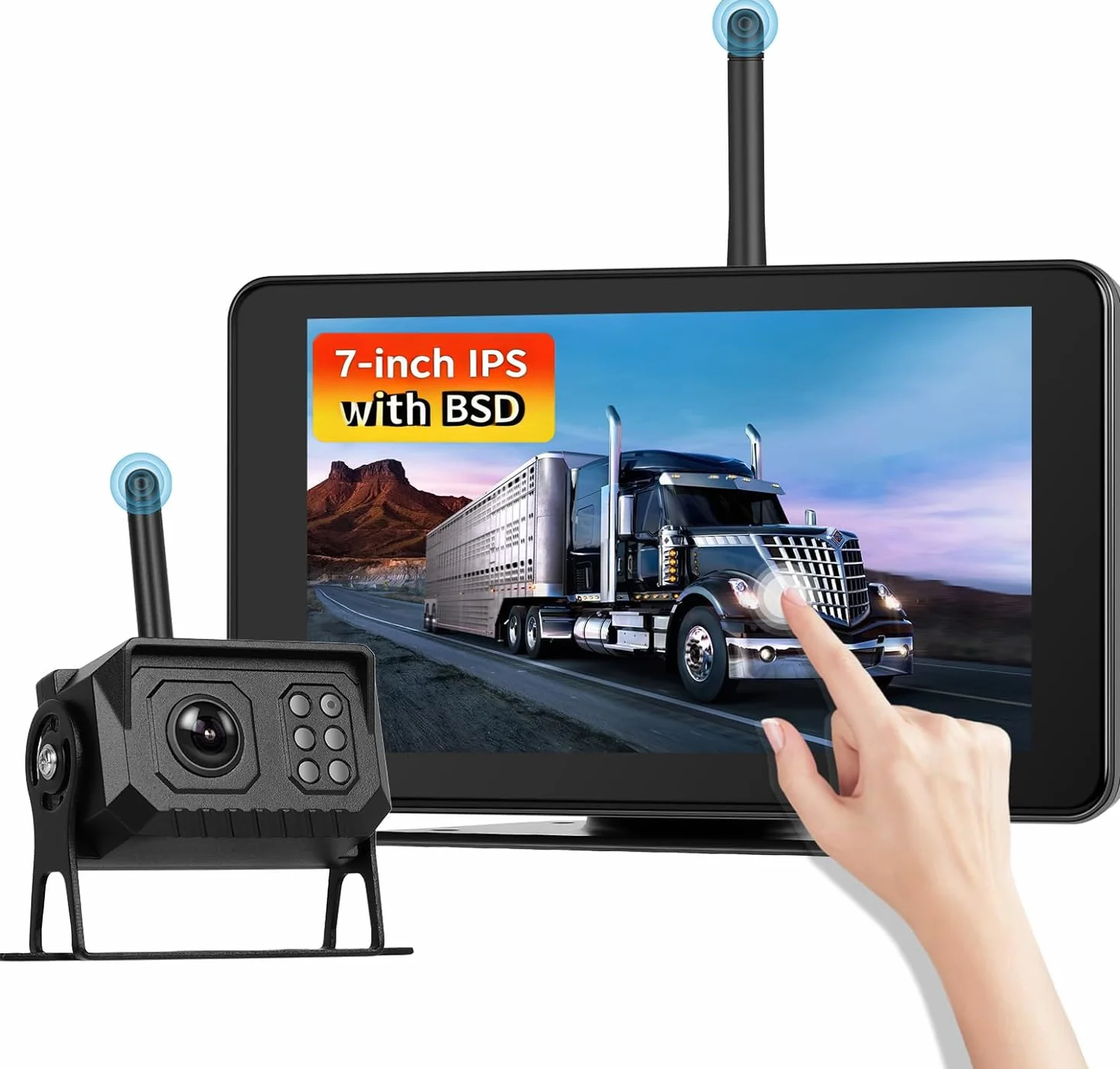 CAMECHO bezprzewodowa kamera cofania 7″ z monitorem IP68 wodoszczelna z widzeniem nocnym zoom ręczny do przodu/tyłu podział ekranu wykrywanie ślepych stref