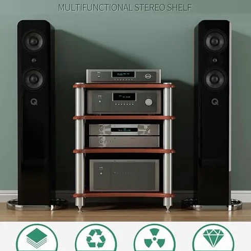 Szafka na sprzęt audio HiFi z amortyzującymi nóżkami, półka z litego drewna na urządzenia strumieniowe, wzmacniacze, głośniki i przechowywanie multimediów