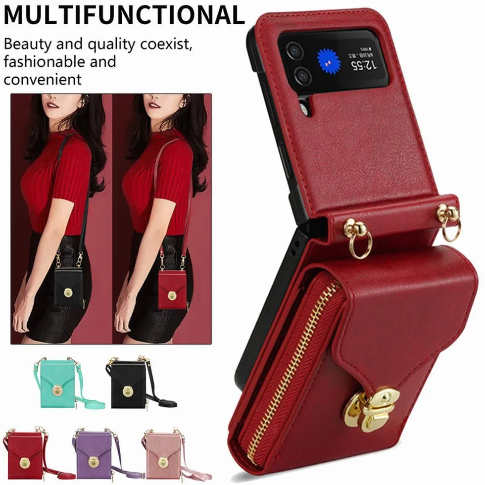 Etui na telefon ze skóry z zamkiem błyskawicznym i kieszenią na karty do Samsung Galaxy Z Flip 5 4 3 ze smyczą, etui z klapką, czerwone, do Z Flip 4