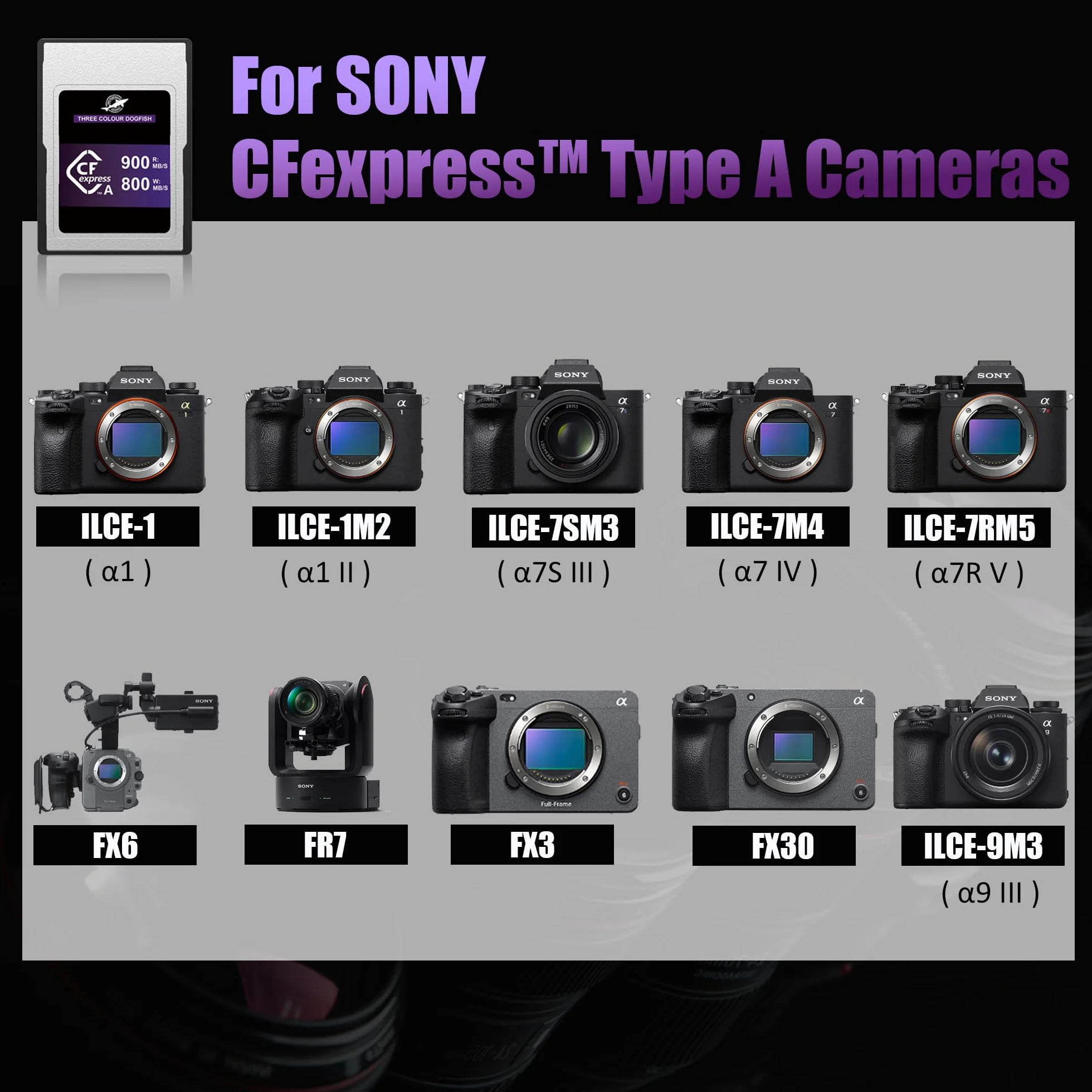 Dogfish 256 GB CFexpress typ A Card, odczyt do 900 MB/s, karta pamięci CF Express Typ A do kamer Sony Alpha/FX nagrywanie 4K 8K i szybkie zdjęcia ciągłe