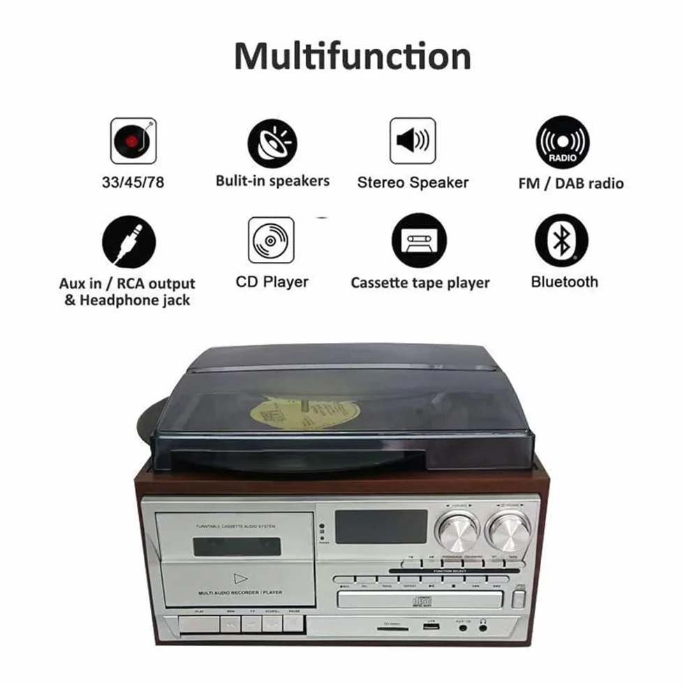 Odtwarzacz płyt winylowych 10 w 1 Bluetooth, gramofon kasetowy CD, 33/45/78 obr./min, wbudowane głośniki, panel sterowania do domowej rozrywki
