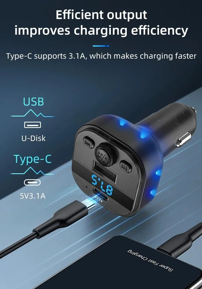 Ładowarka samochodowa FM transmiter, Bluetooth 5.3 Audio Auto odtwarzacz MP3, adapter do radia samochodowego typu C, USB 3.1 A szybka ładowarka