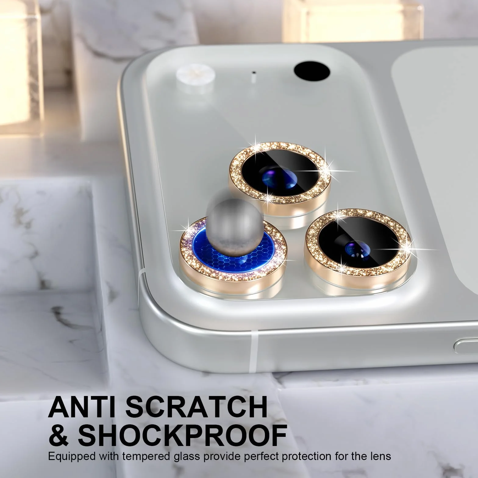 Choiche Kompatybilny z telefonem 17 Pro/Phone 17 Pro Max, osłona obiektywu aparatu, osłona aparatu ze szkła hartowanego 9H, osłona ekranu, metalowy pierścień, akcesoria dekoracyjne, brokatowo-złoty)