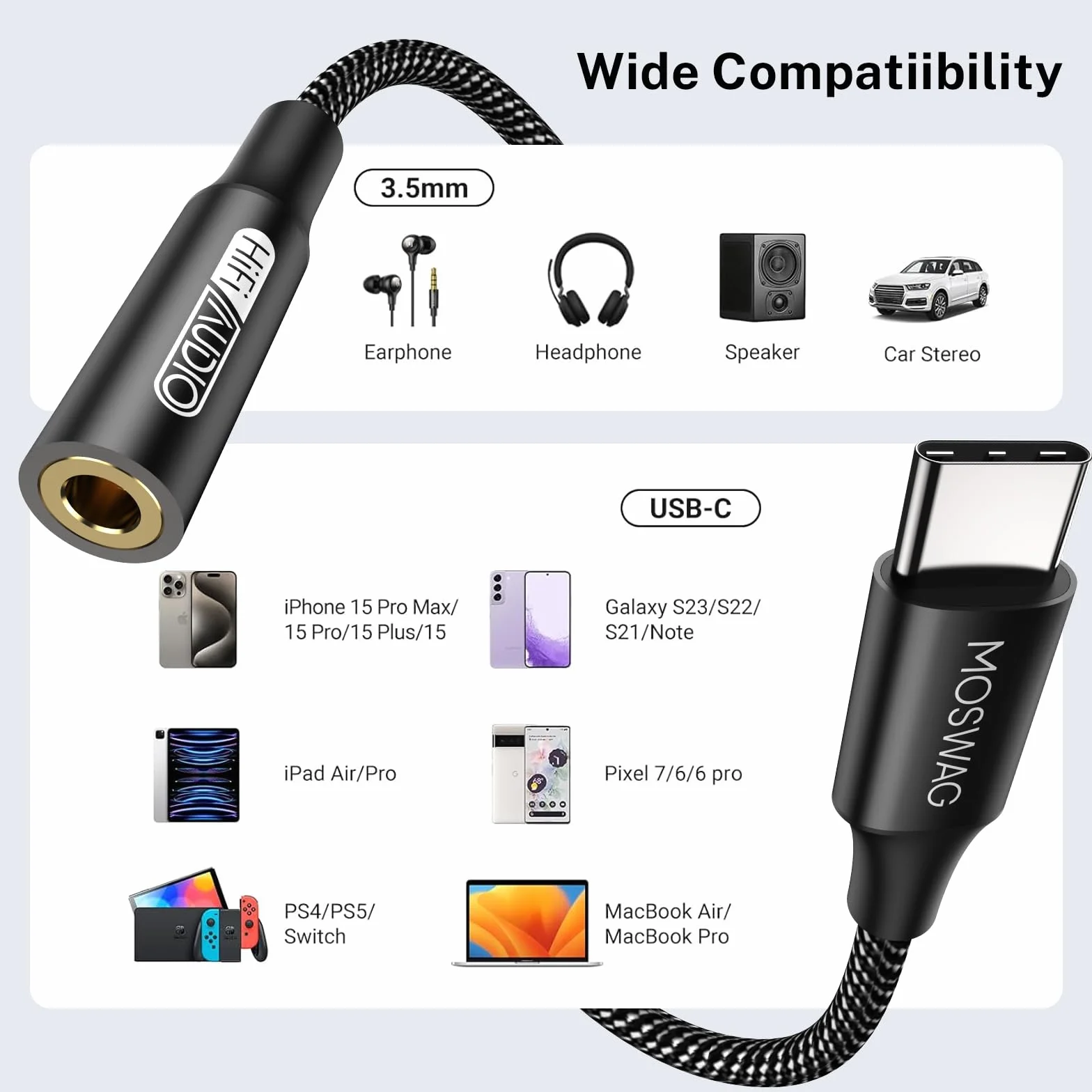 MOSWAG Adapter USB-C na gniazdo słuchawkowe 3,5 mm kabel USB C na Aux do iPhone 16 Pro Max/16 Pro/16 Plus/16/15 Pro/15 Samsung Galaxy S25 S24 S23 S22 S21 S20 Huawei Pixel iPad