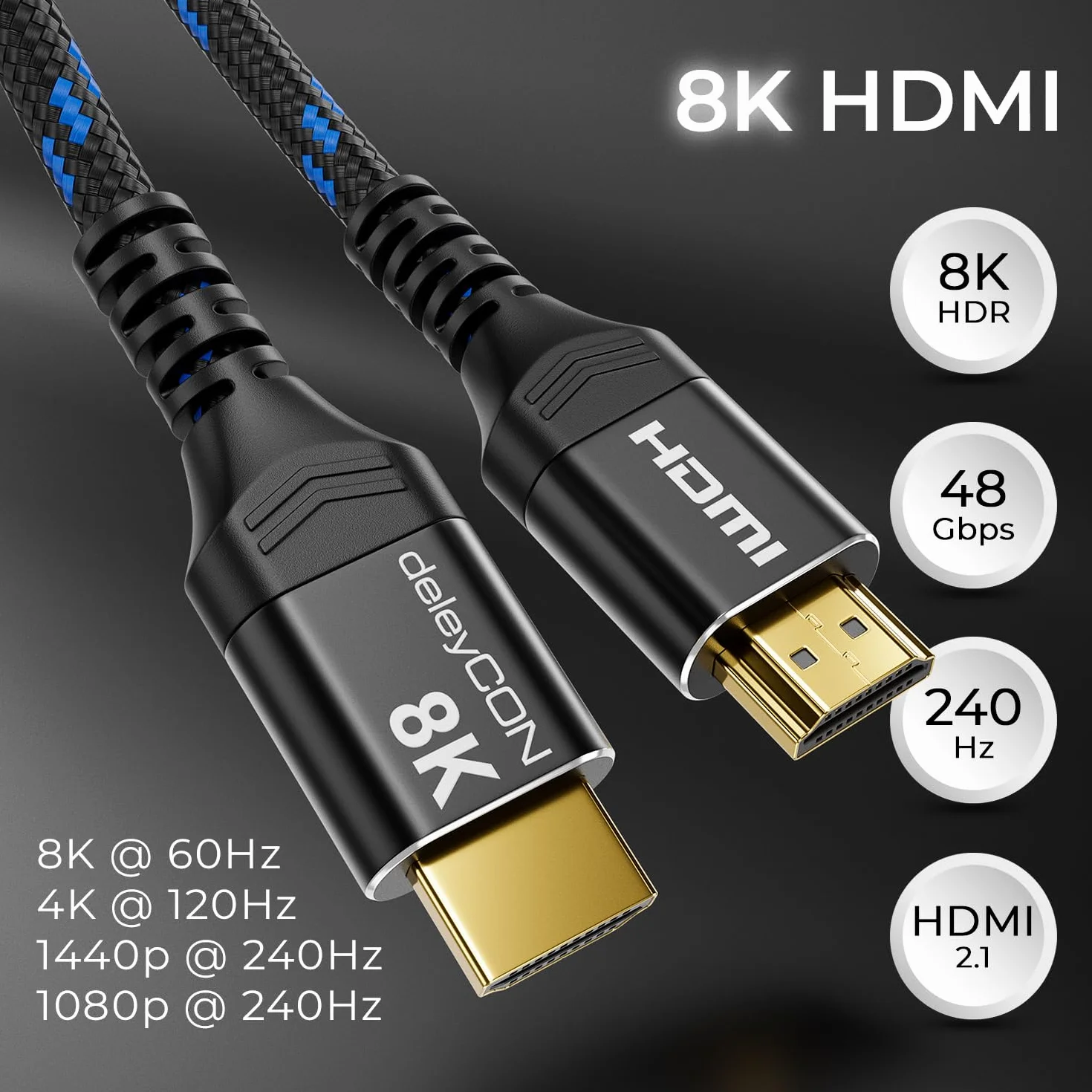 deleyCON 3,0m 8K HDMI 2.1b Kabel (48G, ULTRA Highspeed) Certyfikowany, 8K@60Hz 4K@144Hz 120Hz 2K@144Hz/165Hz EARC HDCP 2.3/2.2 - do DTS:X HDR Dolby Atmos TV PS5 Xbox Soundbar Monitor