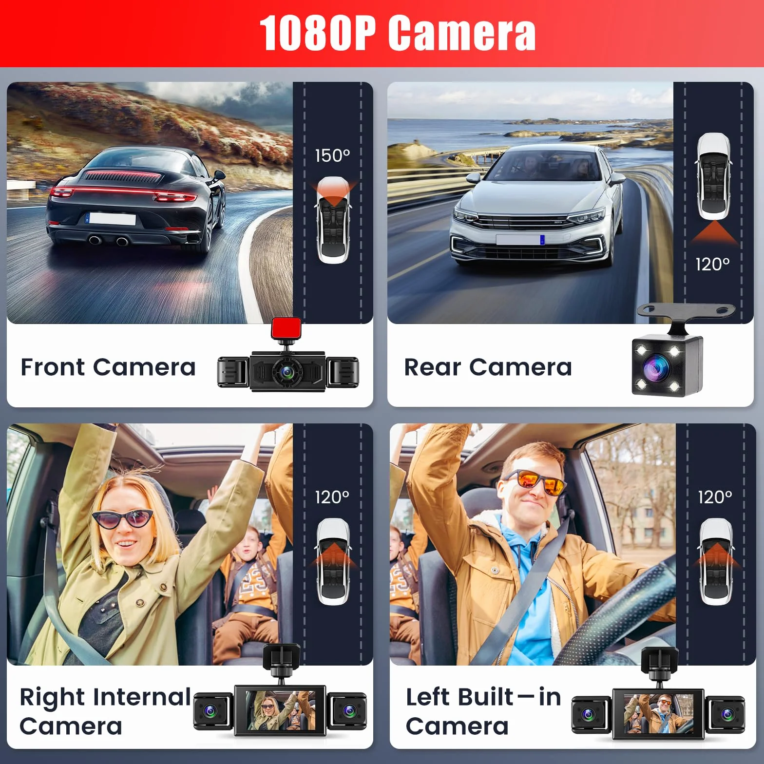 1080P Dash Cam 360 stopni 4 kanały, ekran 3 cale | Dashcam z kartą SD 64G, czujnik G, kamera cofania, tryb parkowania 24H, noktowizor, nagrywanie w pętli
