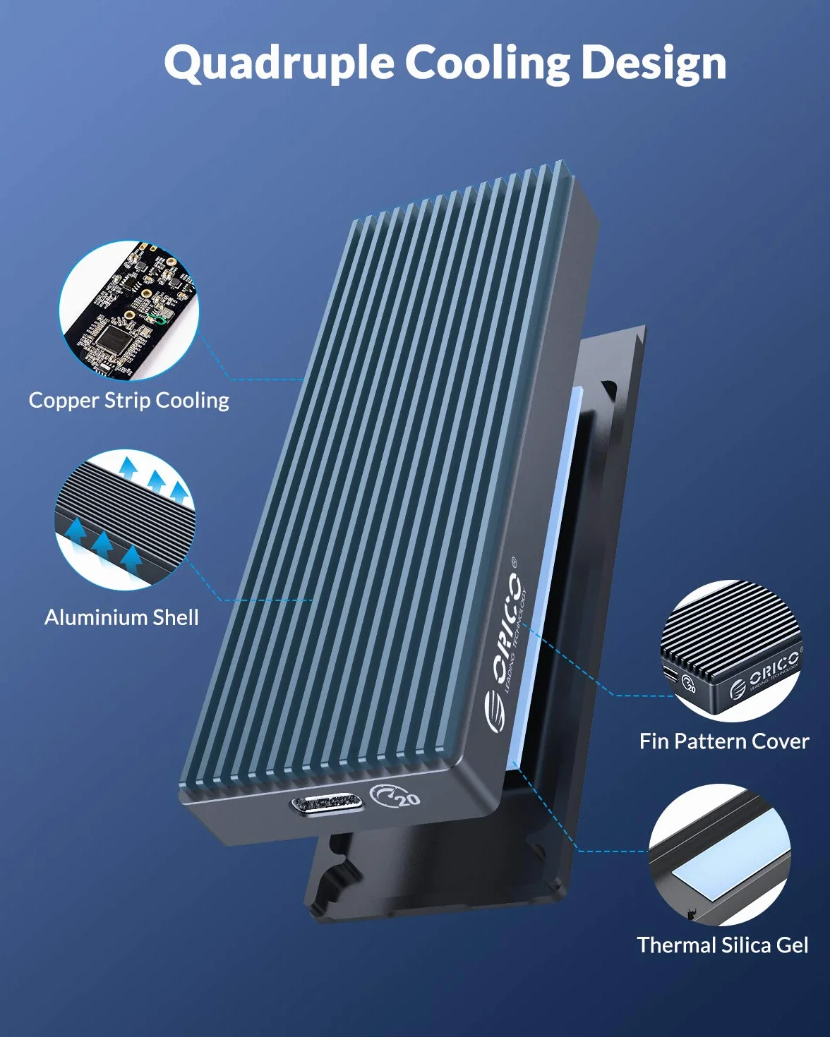 ORICO NVMe M.2 SSD obudowa 20 Gbps do 2000 MB/s, USB 3.2 Gen2x2 USB-C aluminium NVMe adapter do PCIe NVMe M-Key/B+M Key 2230/2242/2260/2280 -M2PAC3