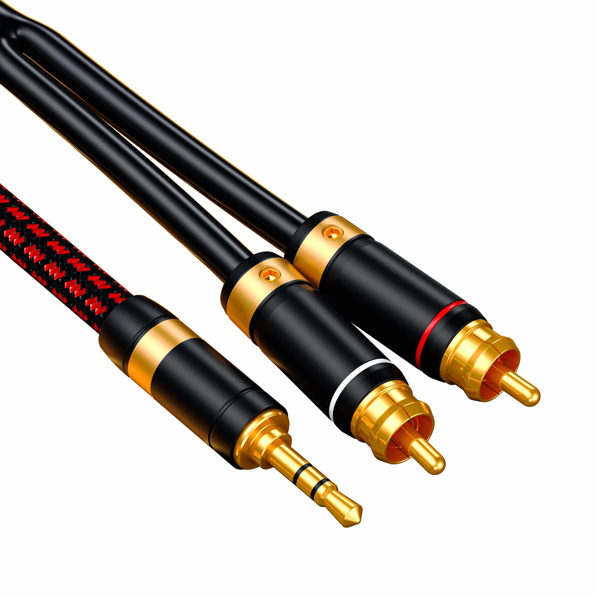 Audiofilski kabel audio 3,5 mm do 2 RCA, pleciony, pozłacany, beztlenowy, miedziany rdzeń do smartfonów, tabletów, głośników, kina domowego (prosty 3,5 mm, 1,5 m)