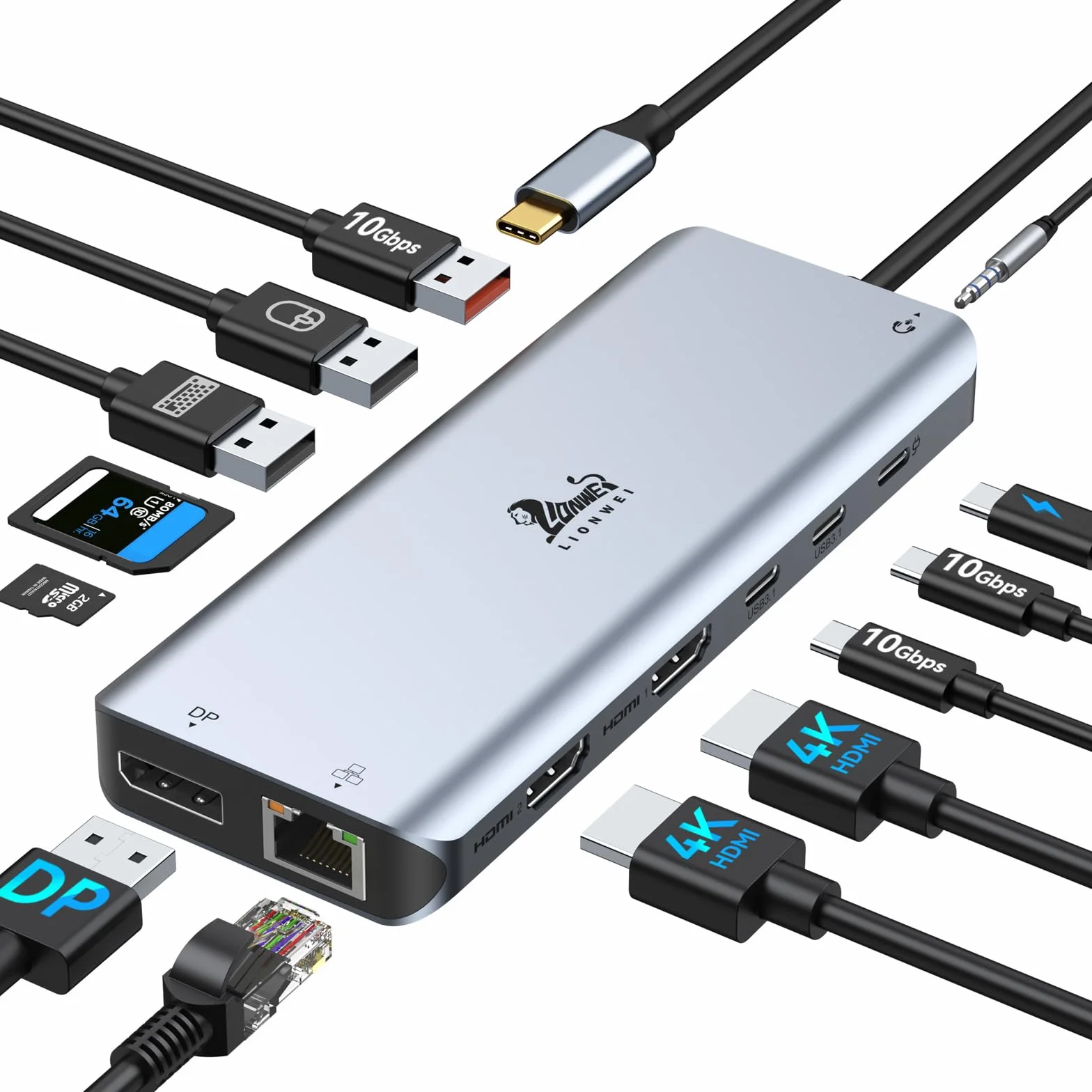 Stacja dokująca USB C Dual Monitor 13 w 1 stacja dokująca laptop 2 monitor | Hub USB-C Triple Display z 2 HDMI, DisplayPort, 5 portami USB, Ethernet, 100 W PD, SD/microSD, Audio/Mic dla Dell HP