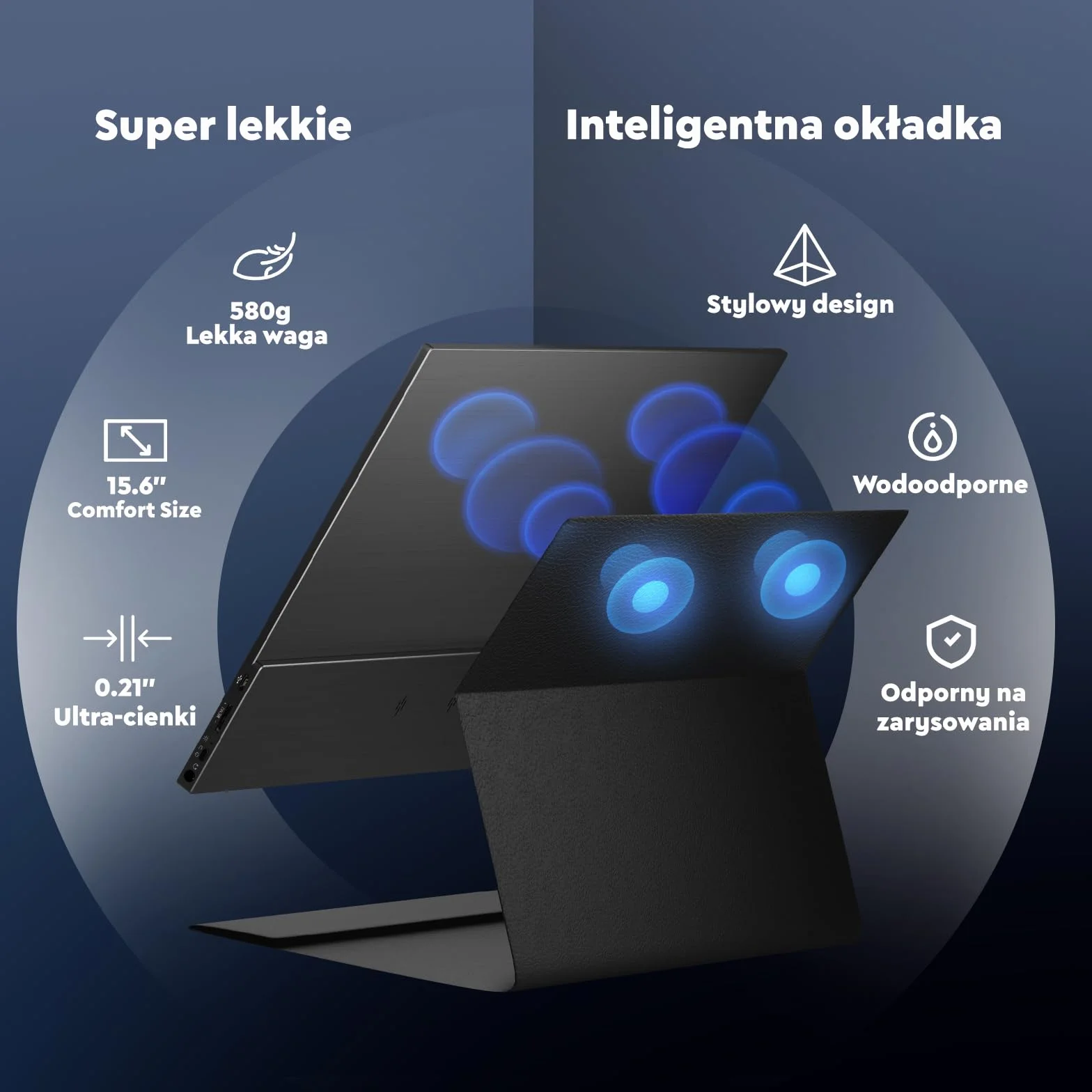 HONGO monitor przenośny do laptopa, ekran przenośny 15,6 cala 1920 x 1080 FHD, USB-C HDMI monitor do laptopa wbudowane głośniki z inteligentną obudową, ekran do laptopa PC Mac PS3/4/5/X-BO/Telefon