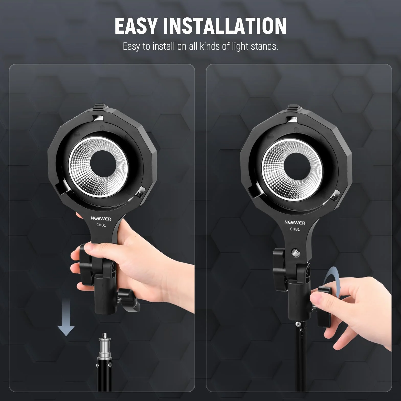 NEEWER Adapter CHB1 Mini na Bowens Mount, Kompatybilny z HS60B/HS60C, 5/8" Odbiornik, 180° Nachylenie i 360° Obrót, Czarny, Tworzywo Sztuczne, Uchwyt do Stawu Oświetleniowego