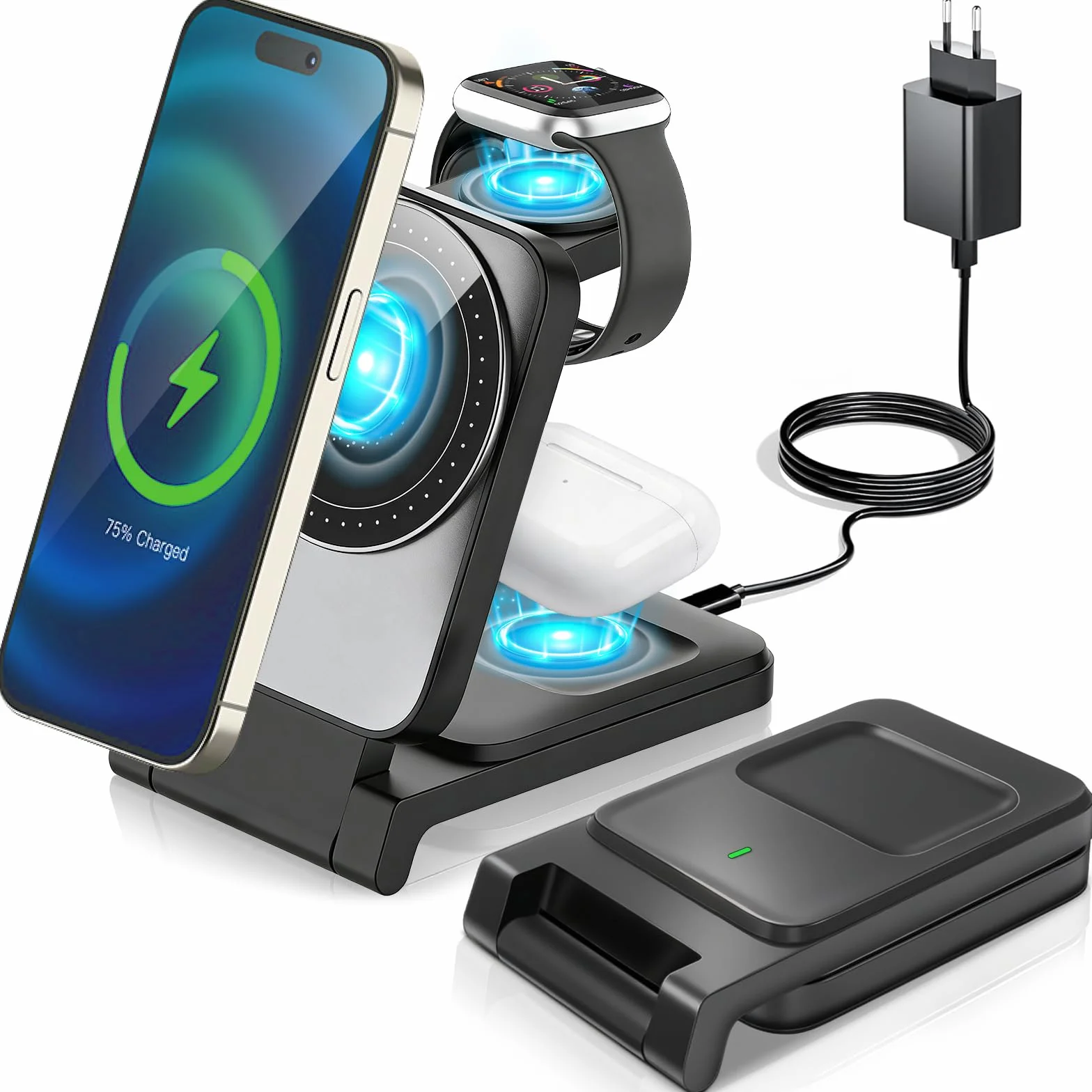 Ładowarka Bezprzewodowa 3-w-1, Stacja Ładowania Indukcyjnego, Podstawka do Szybkiego Ładowania, Wireless Charger do iPhone 17 Air 16e 16 15 14 13 12 11 oraz Apple Watch i AirPods