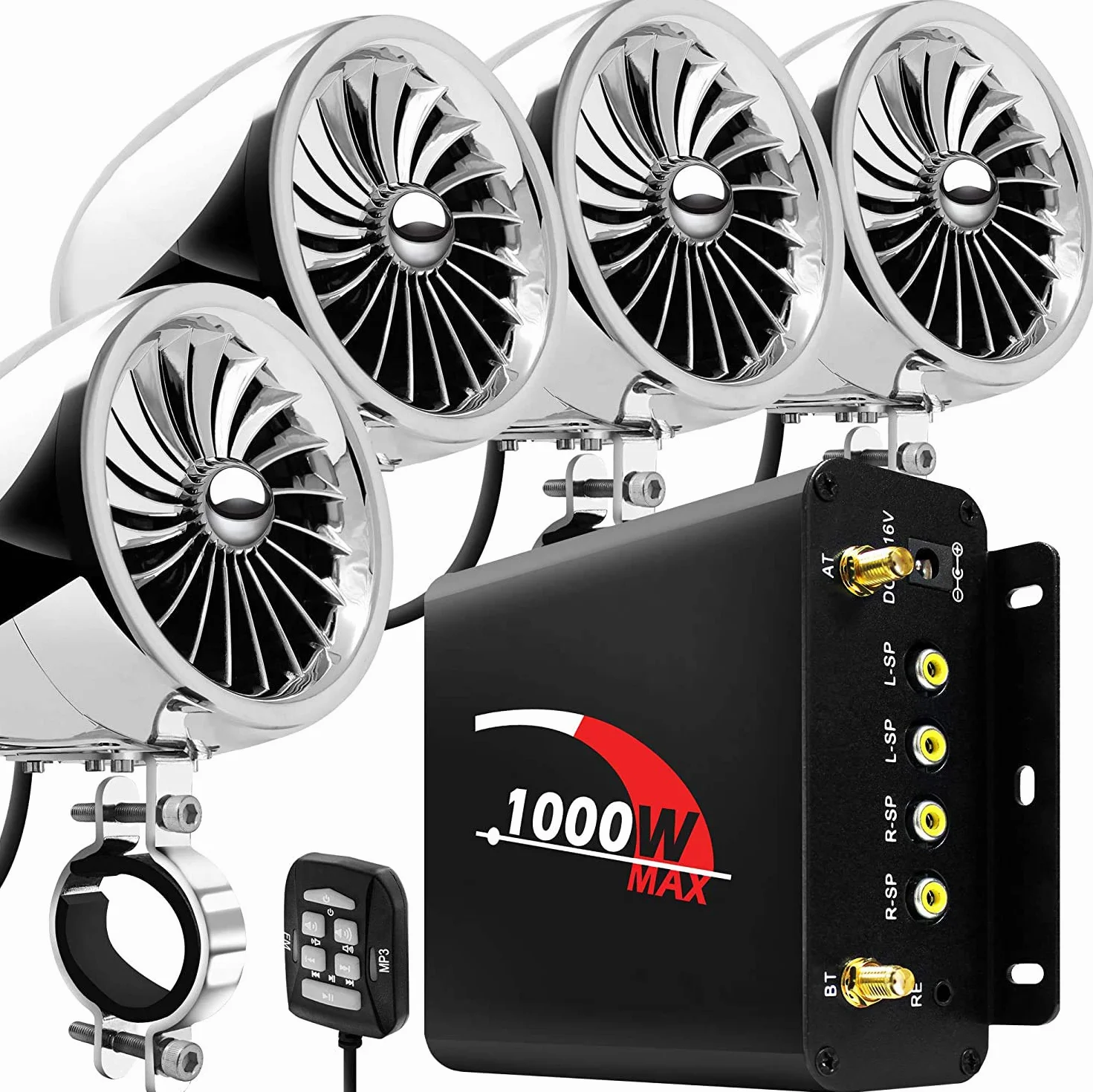 4-kanałowy wzmacniacz motocyklowy, 1000 W, 4 cale, pełny zakres, wodoodporny, Bluetooth, motocykl, głośniki stereo, system audio z AUX, USB, SD, FM, radio do kierownicy, 1–1,5 cala, Harley, Cruiser, ATV, UTV, chromowany, wentylator