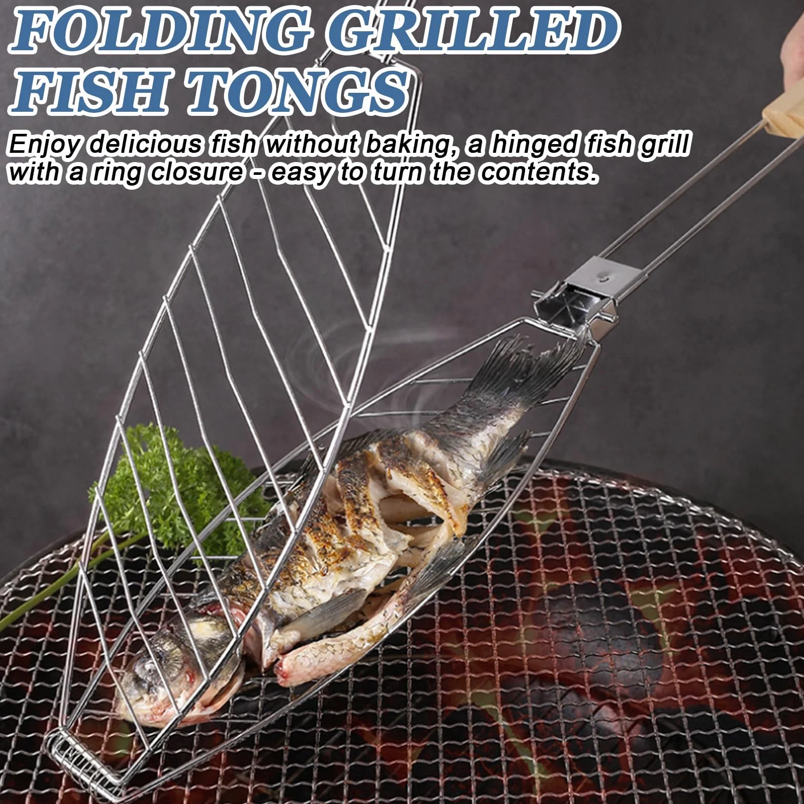 Drewniany uchwyt do grillowania 3 sztuki 63x12 cm pojemnik na ryby szczypce kosz BBQ