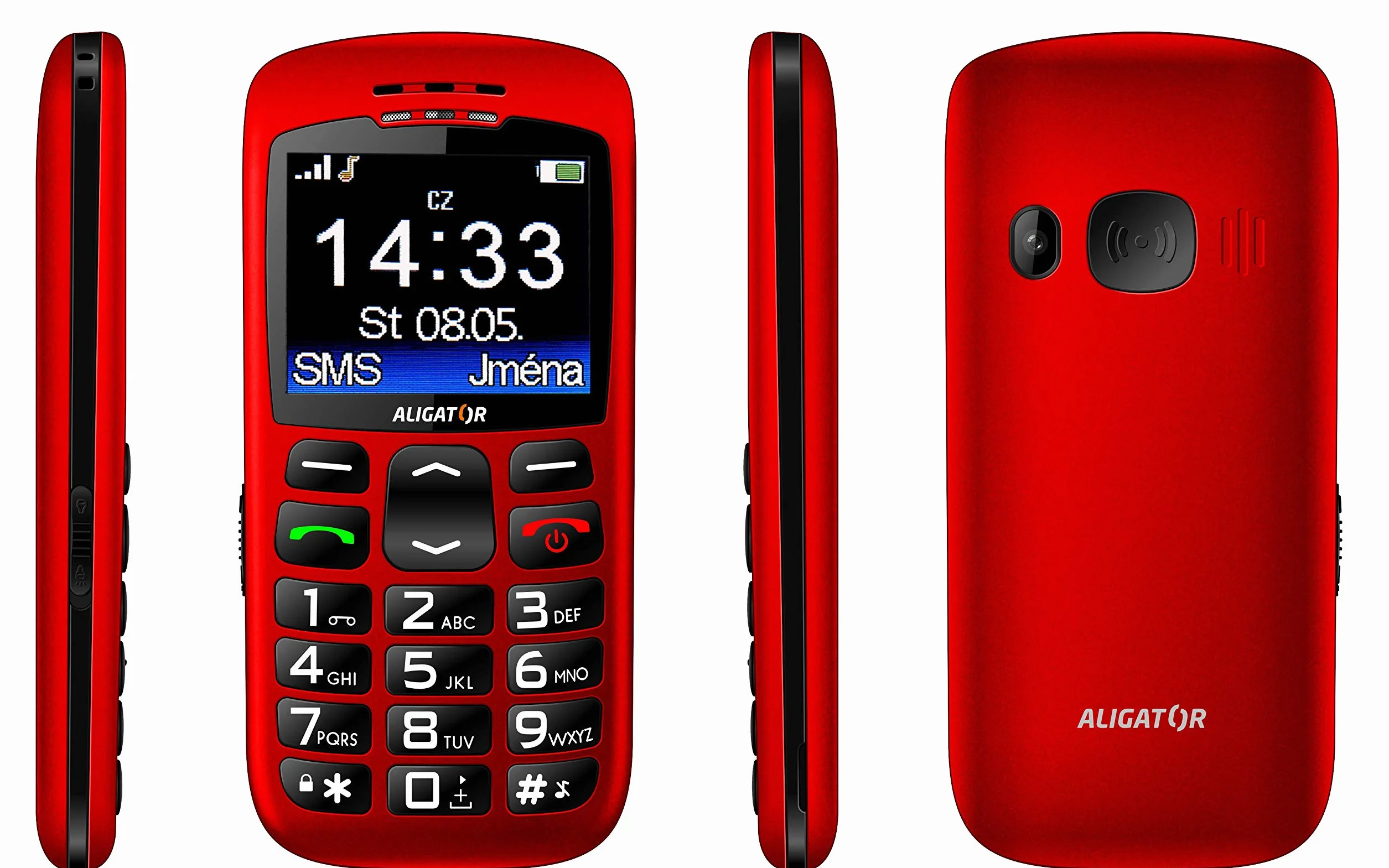 Aligator A670 telefon komórkowy dla seniorów z przyciskiem SOS i lokalizatorem, 4,8 x 2,32 x 0,55 cala, czerwony