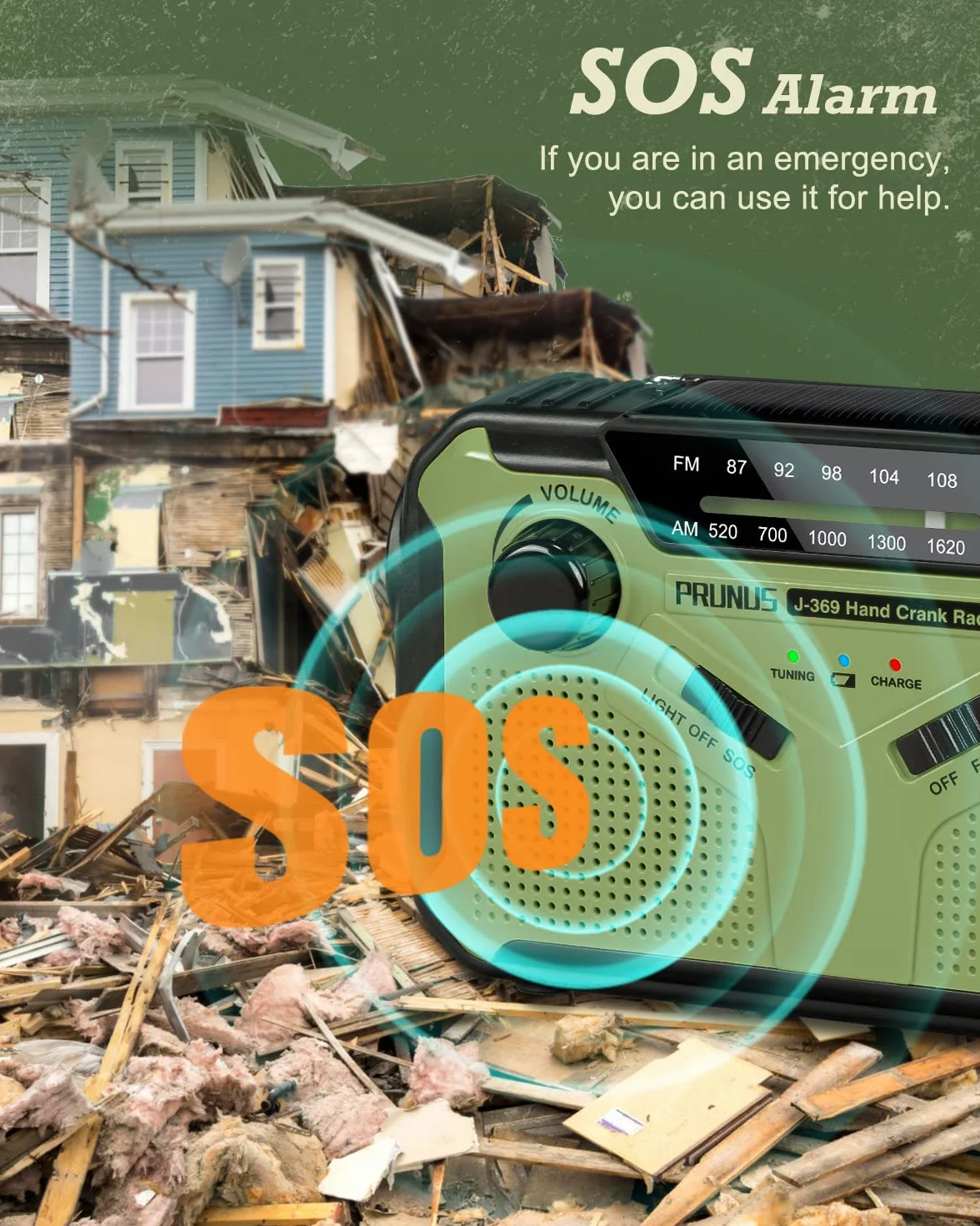 PRUNUS J-369 radio korbowe FM/AM, zasilanie bateryjne, korba solarna, z powerbankiem o pojemności 3000 mAh, radio awaryjne z alarmem SOS, latarką i lampką do czytania, na kemping, do domu, w sytuacji