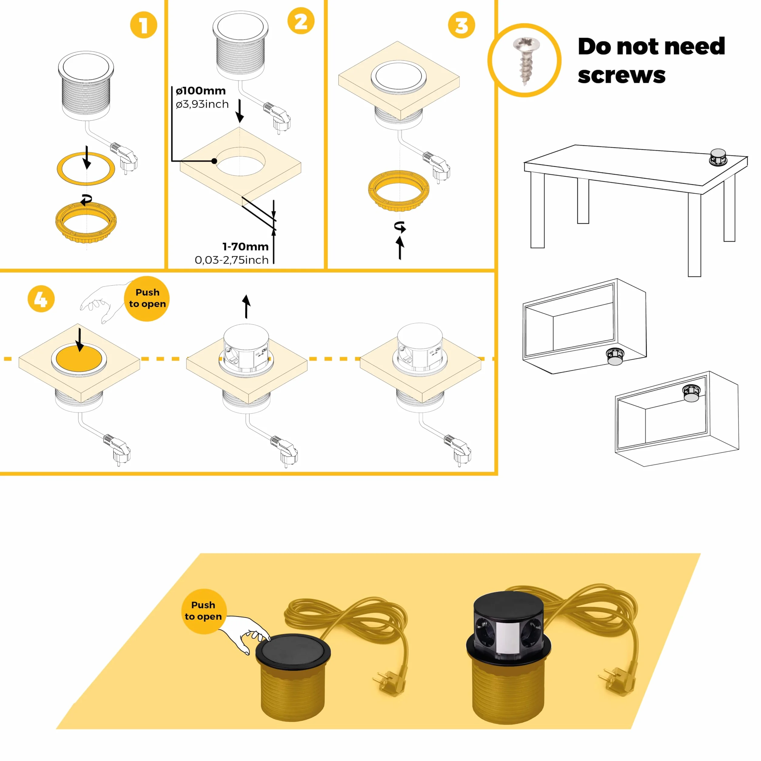 Emuca - Listwa zasilająca z gniazdkami Vertikal Push średnica 100 mm, 3 wtyczki typu Schuko, 1 USB typu A, 1 USB typu C, Stal i Plastik, Malowane na czarno