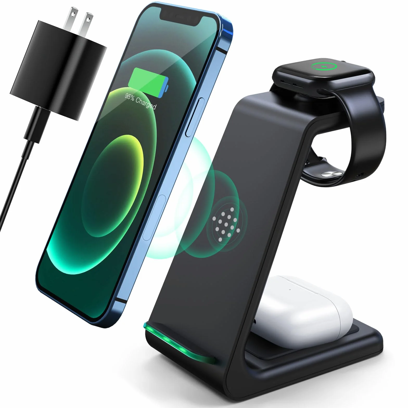 Bezprzewodowa stacja ładująca, szybka stacja ładująca 3 w 1, bezprzewodowa ładowarka do iPhone 14/13/12/11 Pro Max/X/Xs Max/8/8 Plus, AirPods 3/2/pro, iWatch Series 8/7/6/5/SE/4/3/2
