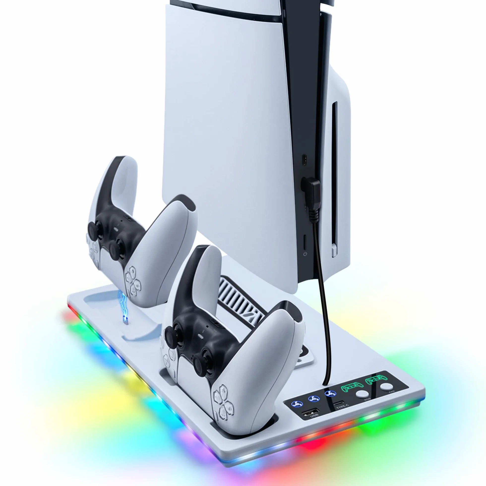 Wigearss Pionowy uchwyt do PS5/PS5 Slim/PS5 Pro z wentylatorami chłodzącymi, wielofunkcyjny ze światłem RGB, ładowarką do sterowników i portem typu C i USB