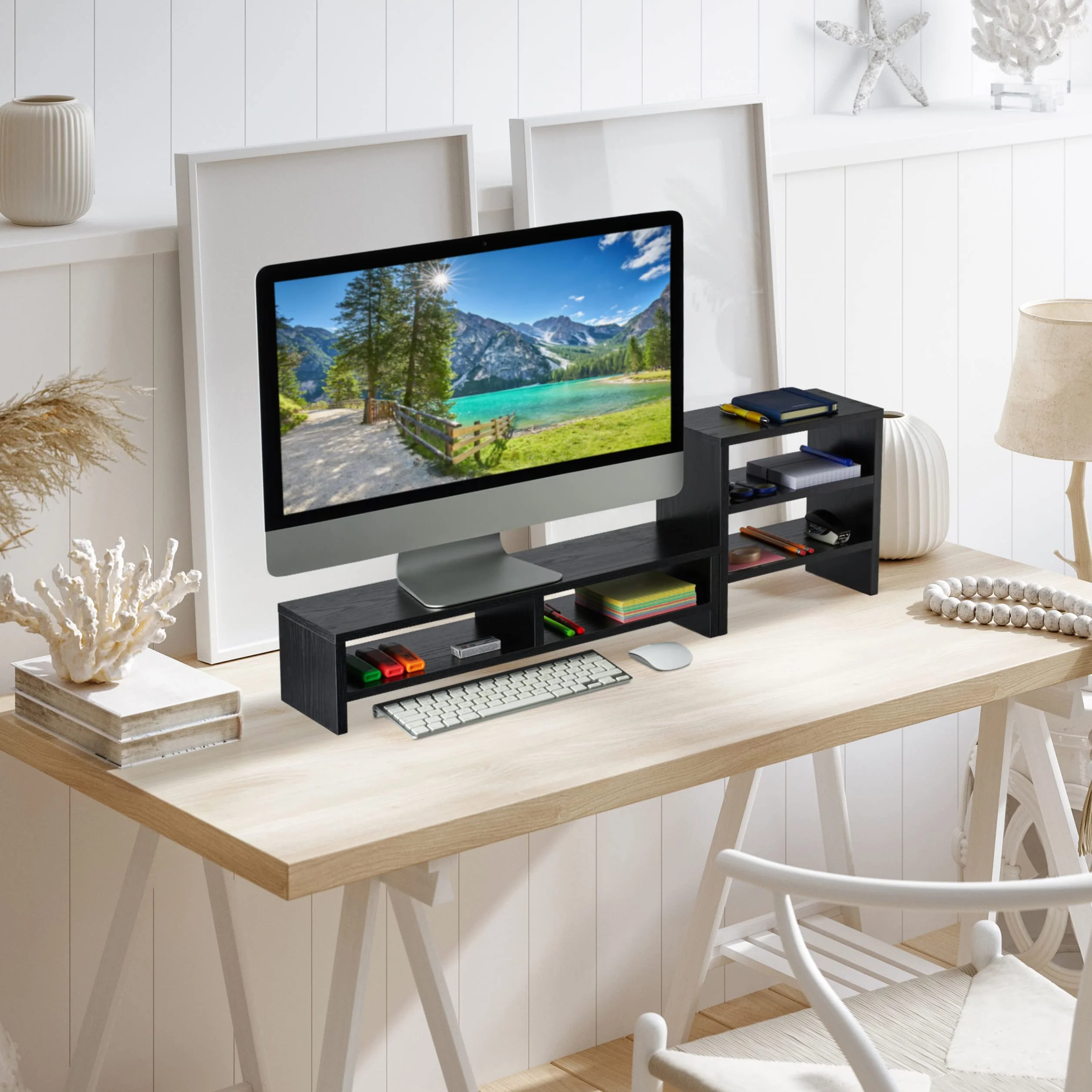 Relaxdays Stojak na monitor z półkami, 2 części, organizer, półka na laptopa na biurko, podwyższenie biurka, czarny, 1 sztuka