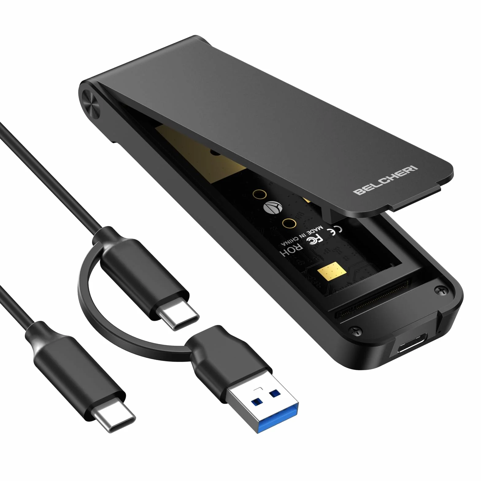 Obudowa M.2 NVMe SSD, adapter USB 3.2 Gen 2 10 Gbps, konstrukcja w stylu sandwich, instalacja bez użycia narzędzi, obsługuje UASP i Trim, niekompatybilna z dyskiem SSD M.2 SATA